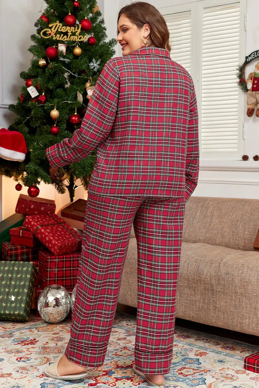 Christmas Plus Size Plaid Collared Neck Top and Pants Lounge Set For women