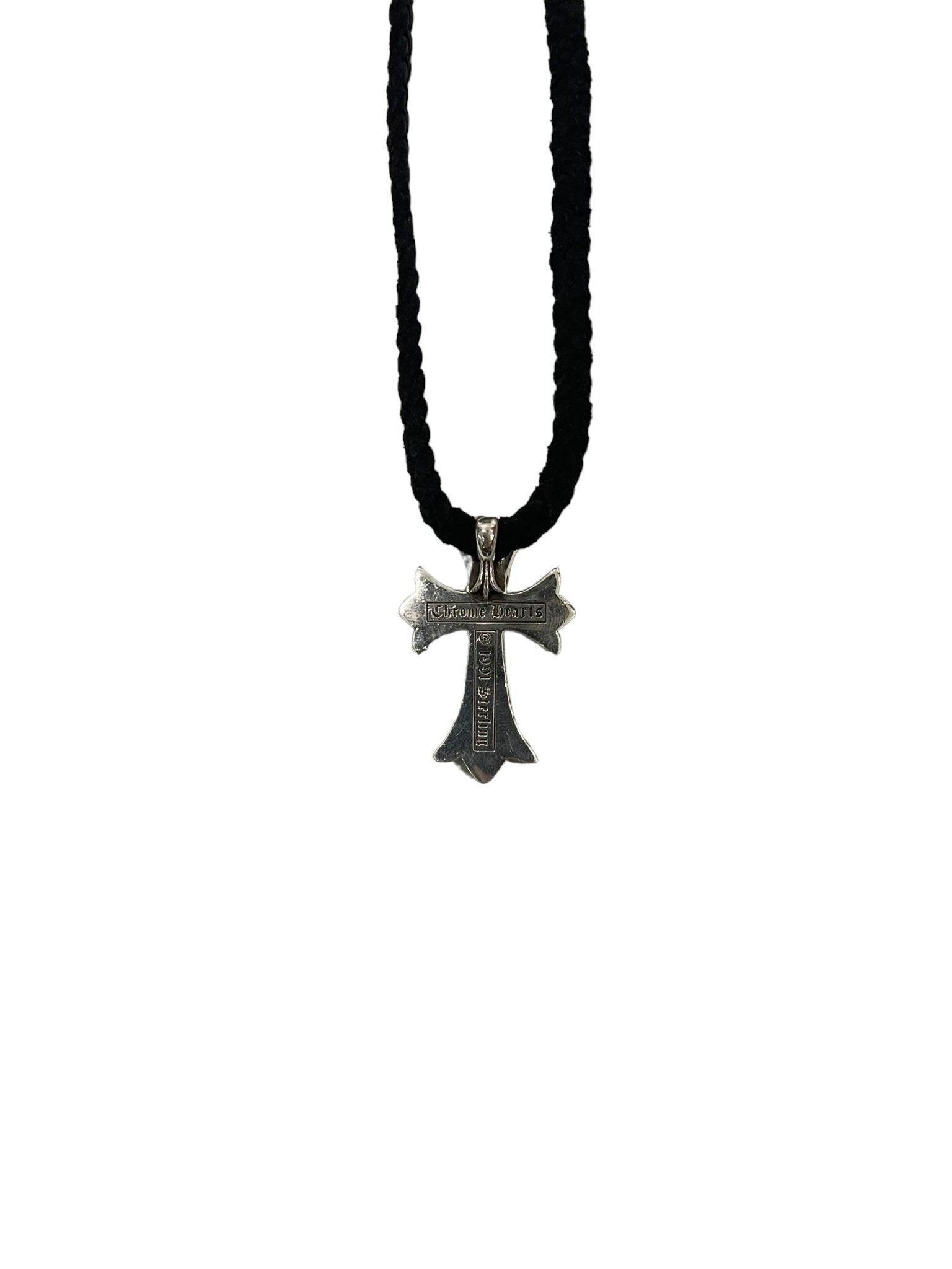 Chrome Hearts Silver Cross Pendant w/ Black Rope Chain