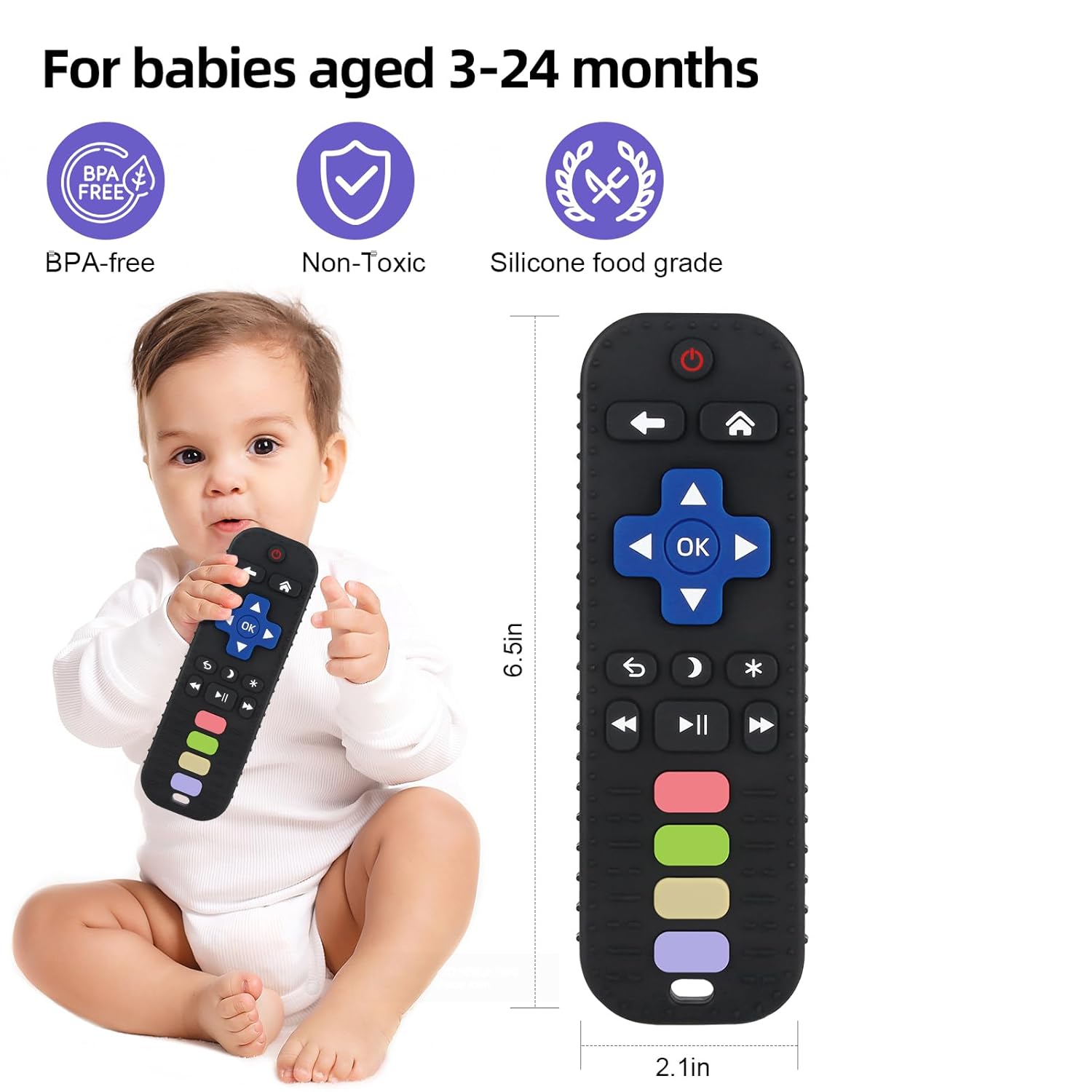 Chuya Baby Teether Toy Chew Toy for Babies 3-24 Months TV Remote Control Shape Teething Relief Baby Toys for Infants (Black)
