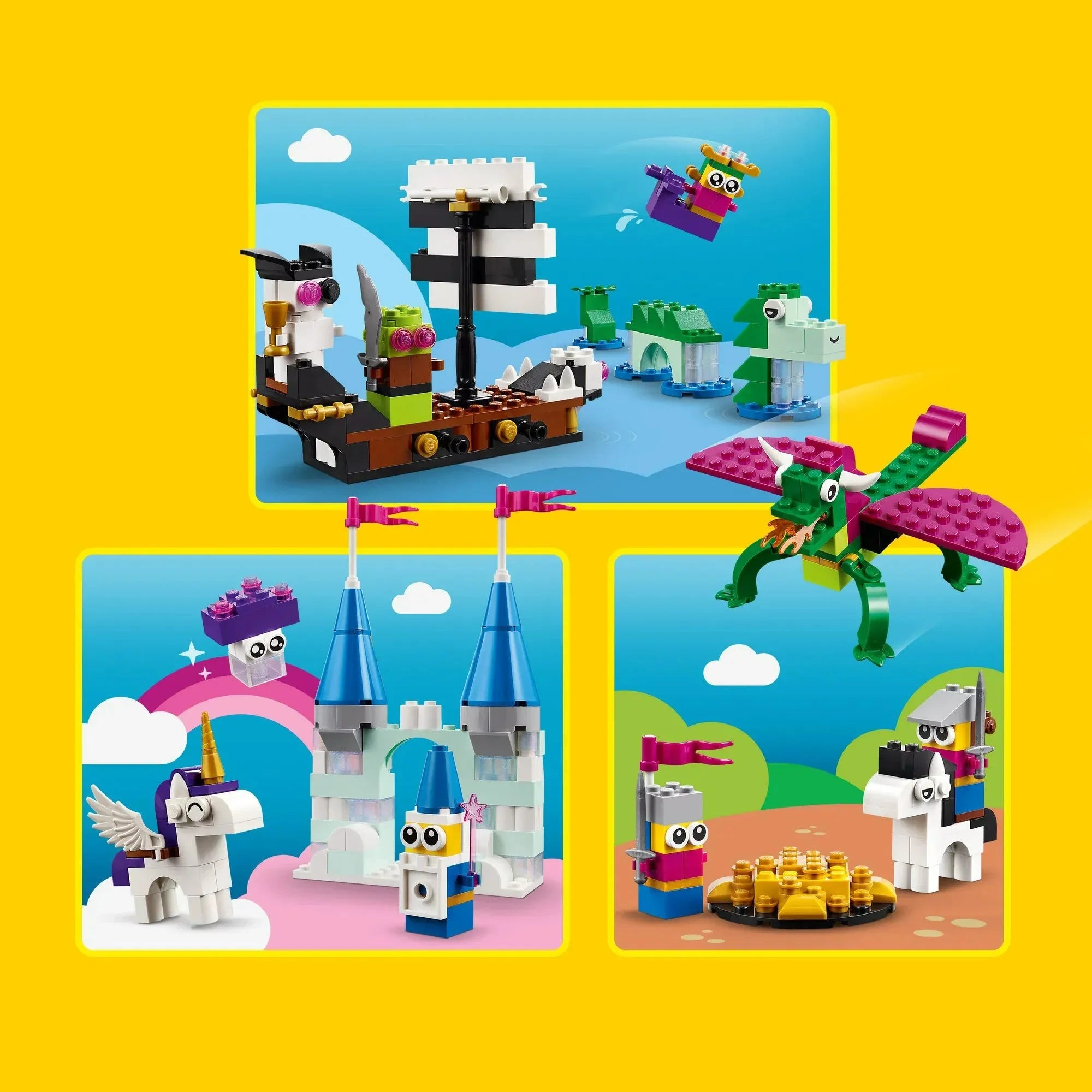 Classic Creative Fantasy Universe Set 11033;  Building Adventure with Unicorn Toy;  Castle;  Dragon and Pirate Ship Builds;  Toys for Kids ages 5 Plus
