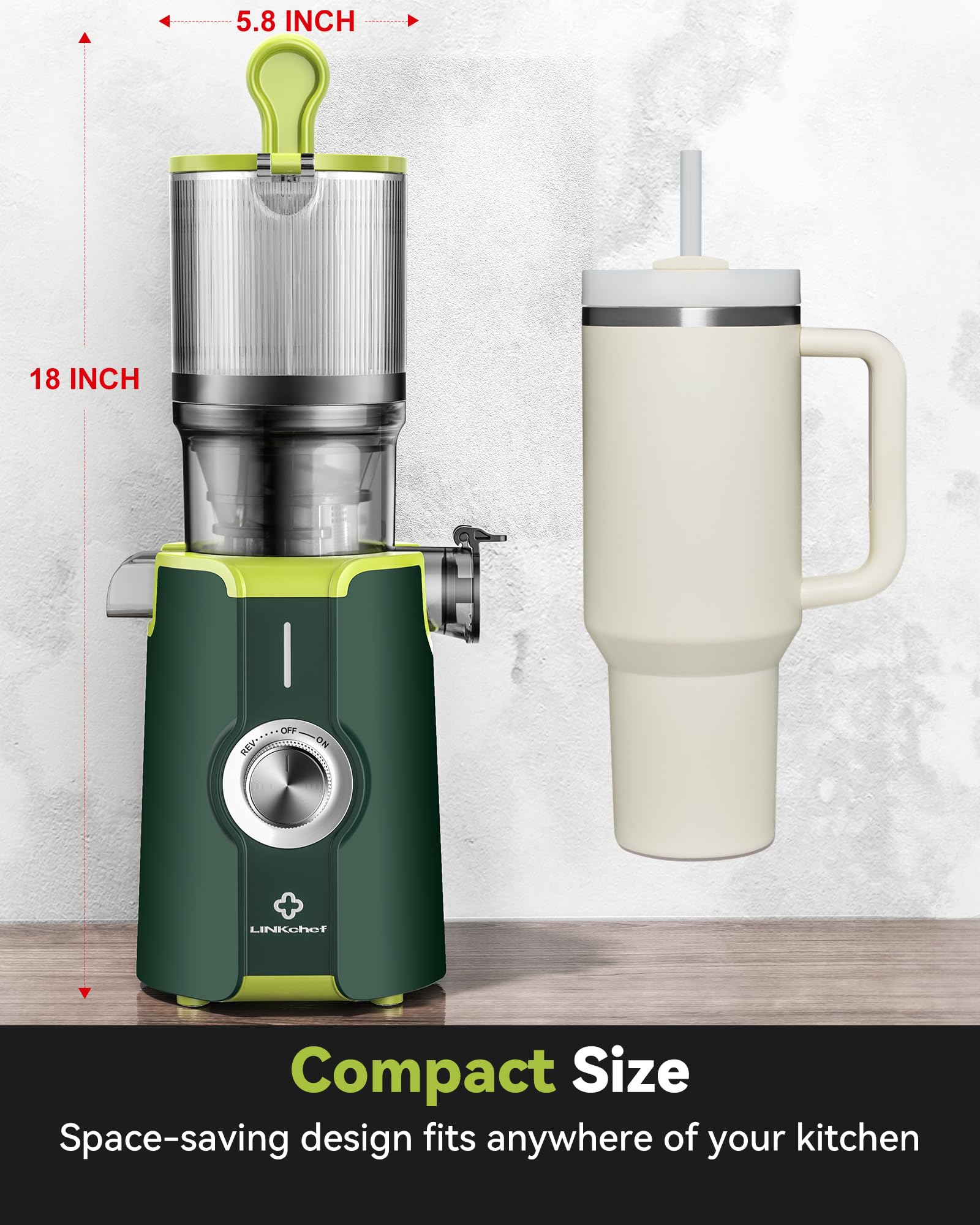 Cold Press Juicer, LINKChef Slow Masticating Juicer Machines with No-Prep 4.35" Large Feed Chute & Upgraded Auger for Whole Vegetables and Fruits, 42oz Capacity, Easy to Clean, Light Green
