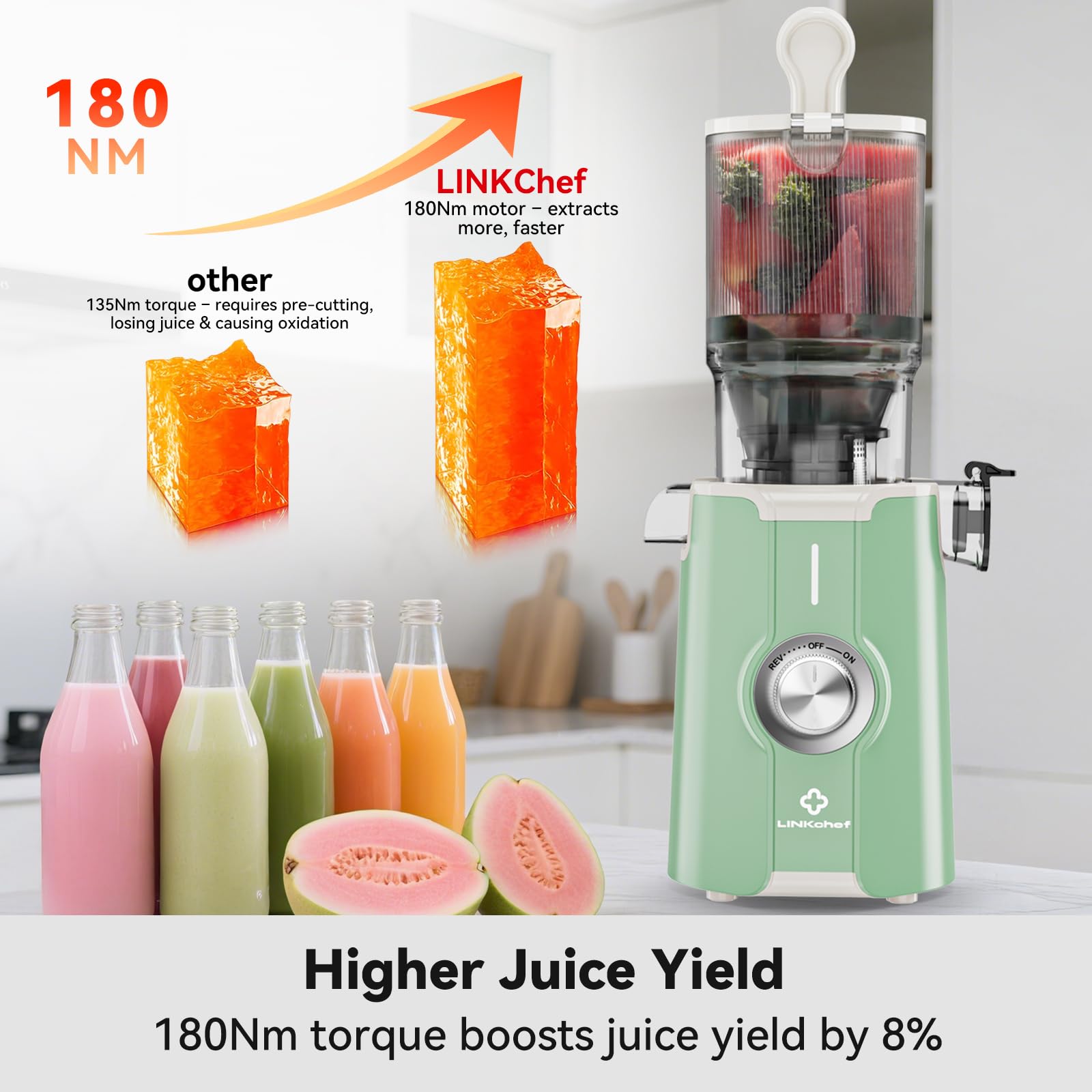 Cold Press Juicer, LINKChef Slow Masticating Juicer Machines with No-Prep 4.35" Large Feed Chute & Upgraded Auger for Whole Vegetables and Fruits, 42oz Capacity, Easy to Clean, Light Green