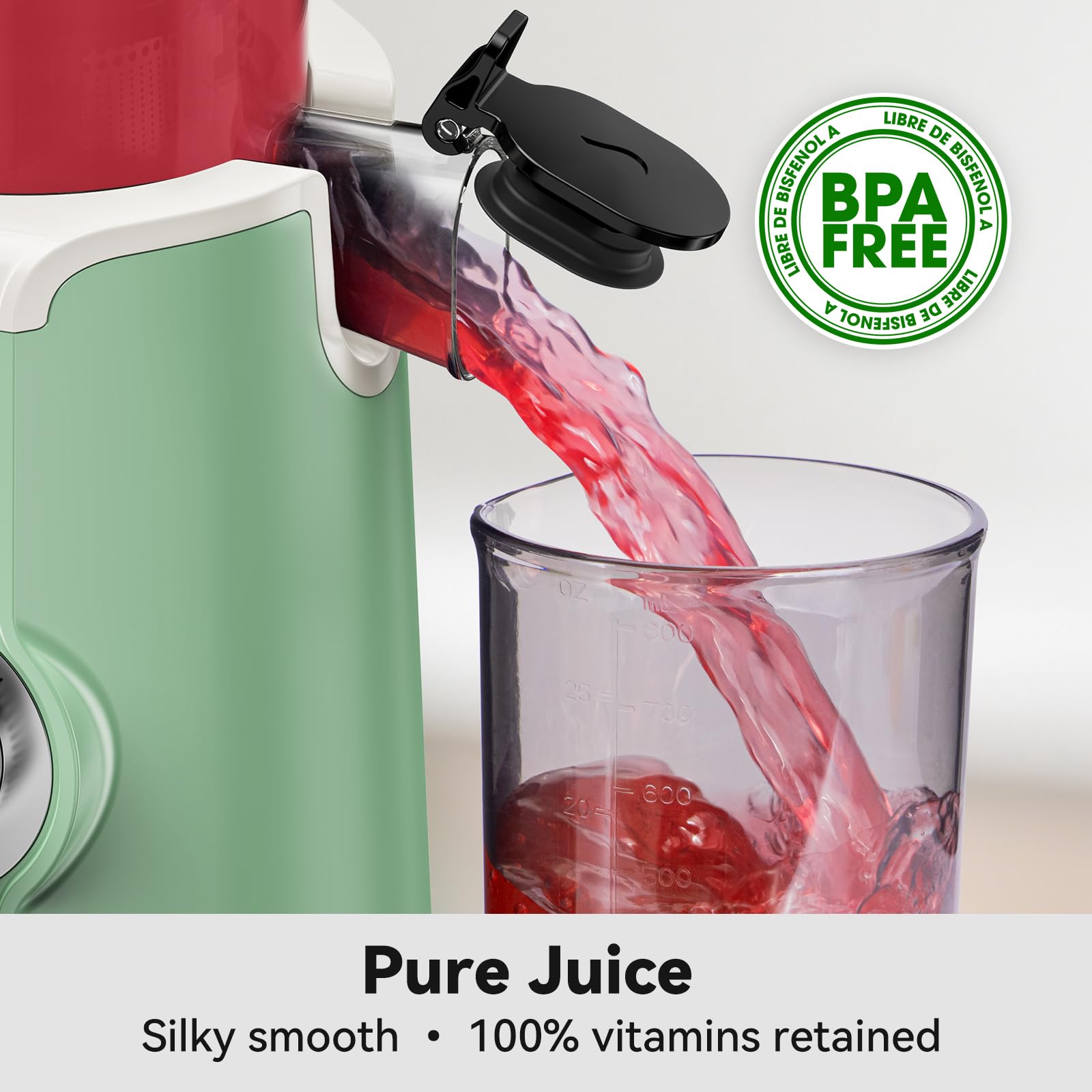 Cold Press Juicer, LINKChef Slow Masticating Juicer Machines with No-Prep 4.35" Large Feed Chute & Upgraded Auger for Whole Vegetables and Fruits, 42oz Capacity, Easy to Clean, Light Green