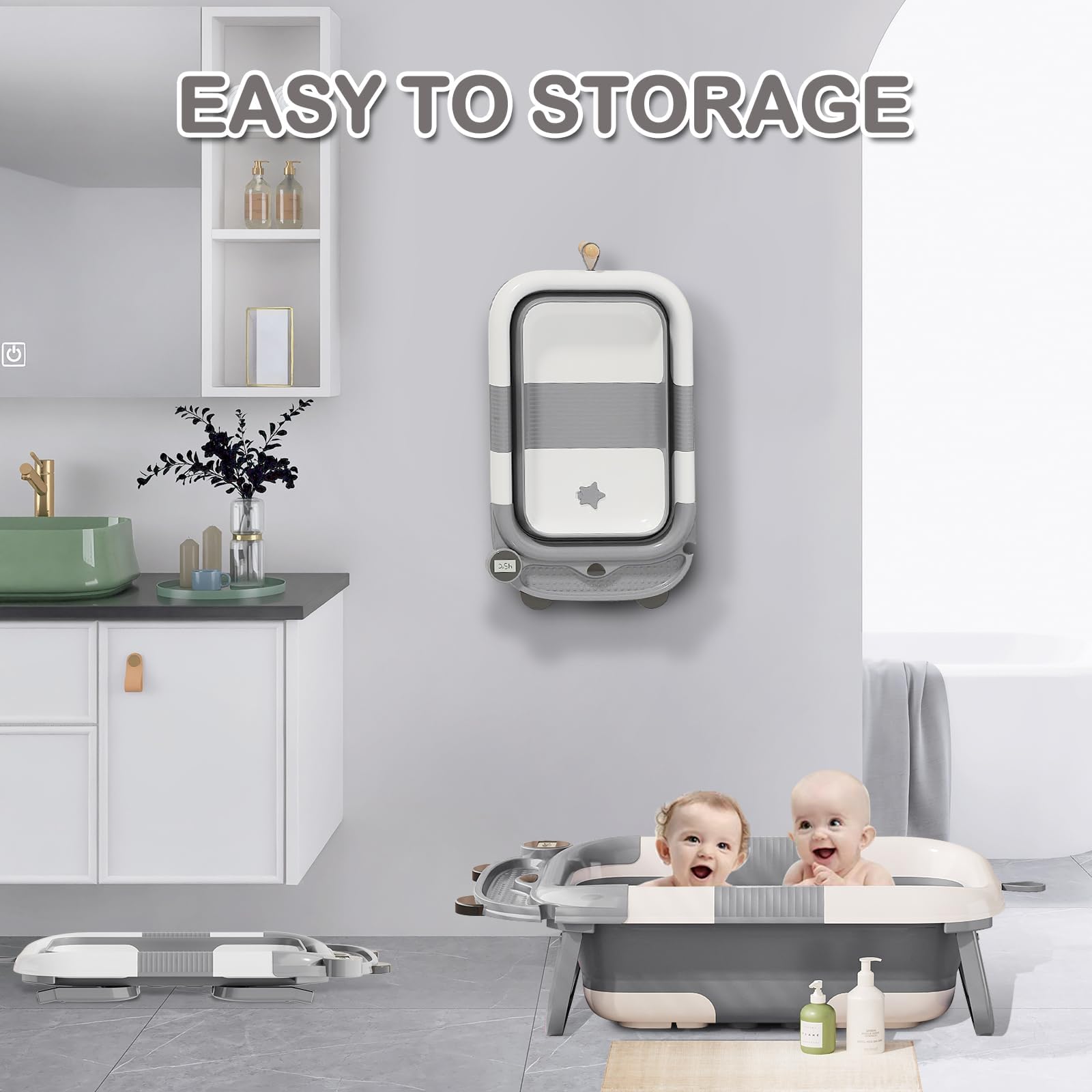 Collapsible Baby Bathtub for Newborn with Real-time Temp Monitor + Soft Floating Cushion Durable Foldable Baby Tubs for Infants to Toddler, Portable Travel Bathtub with Drain Hole Grey