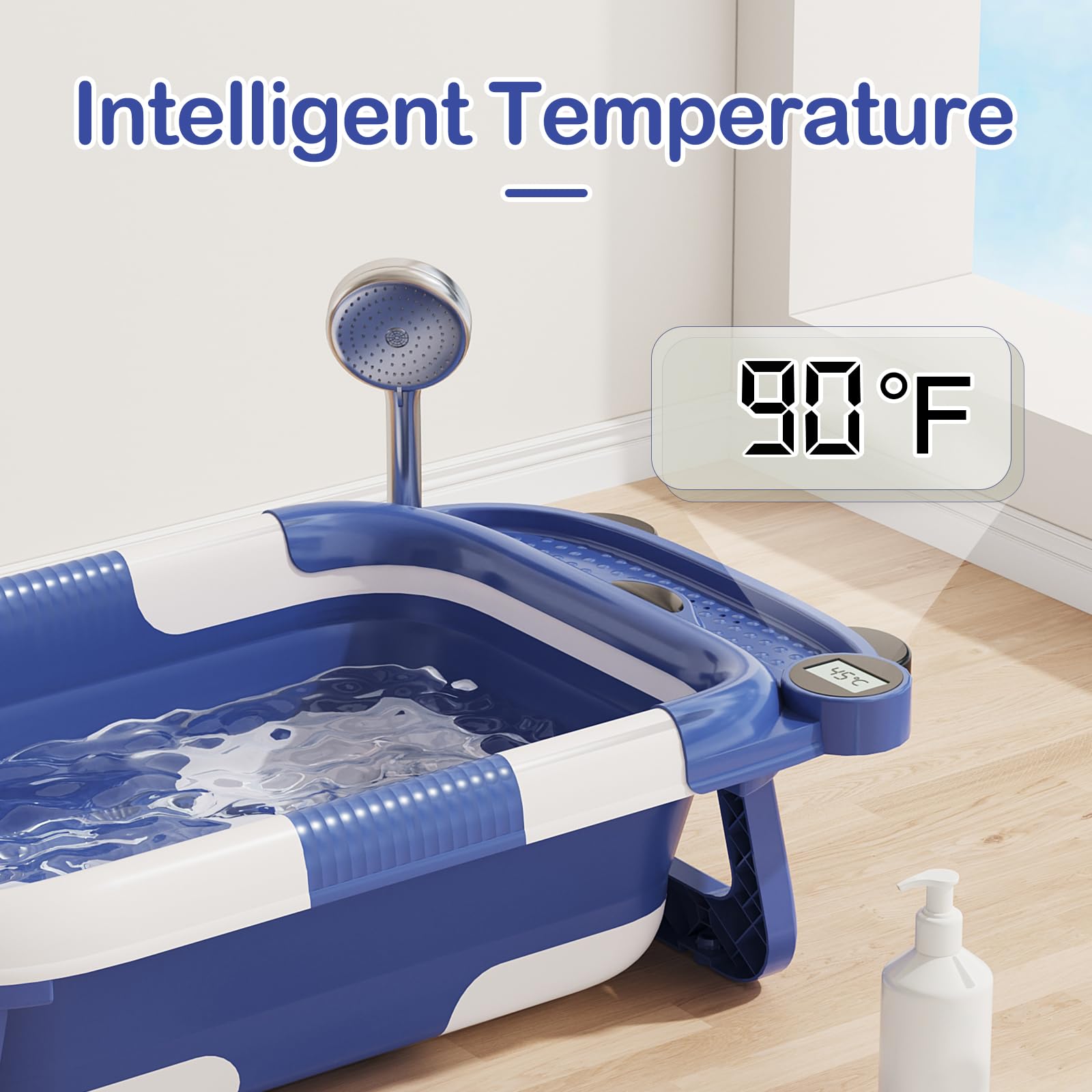 Collapsible Baby Bathtub for Newborn with Real-time Temp Monitor + Soft Floating Cushion Durable Foldable Baby Tubs for Infants to Toddler, Portable Travel Bathtub with Drain Hole Grey