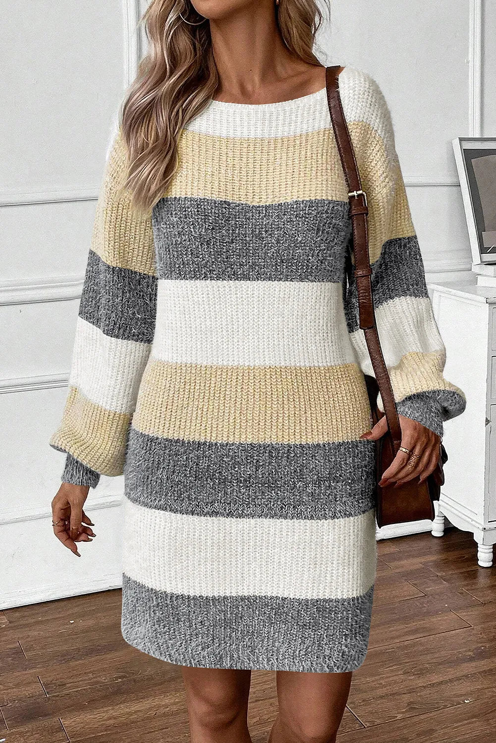 Color Block Boat Neck Long Sleeve Sweater Dress For women