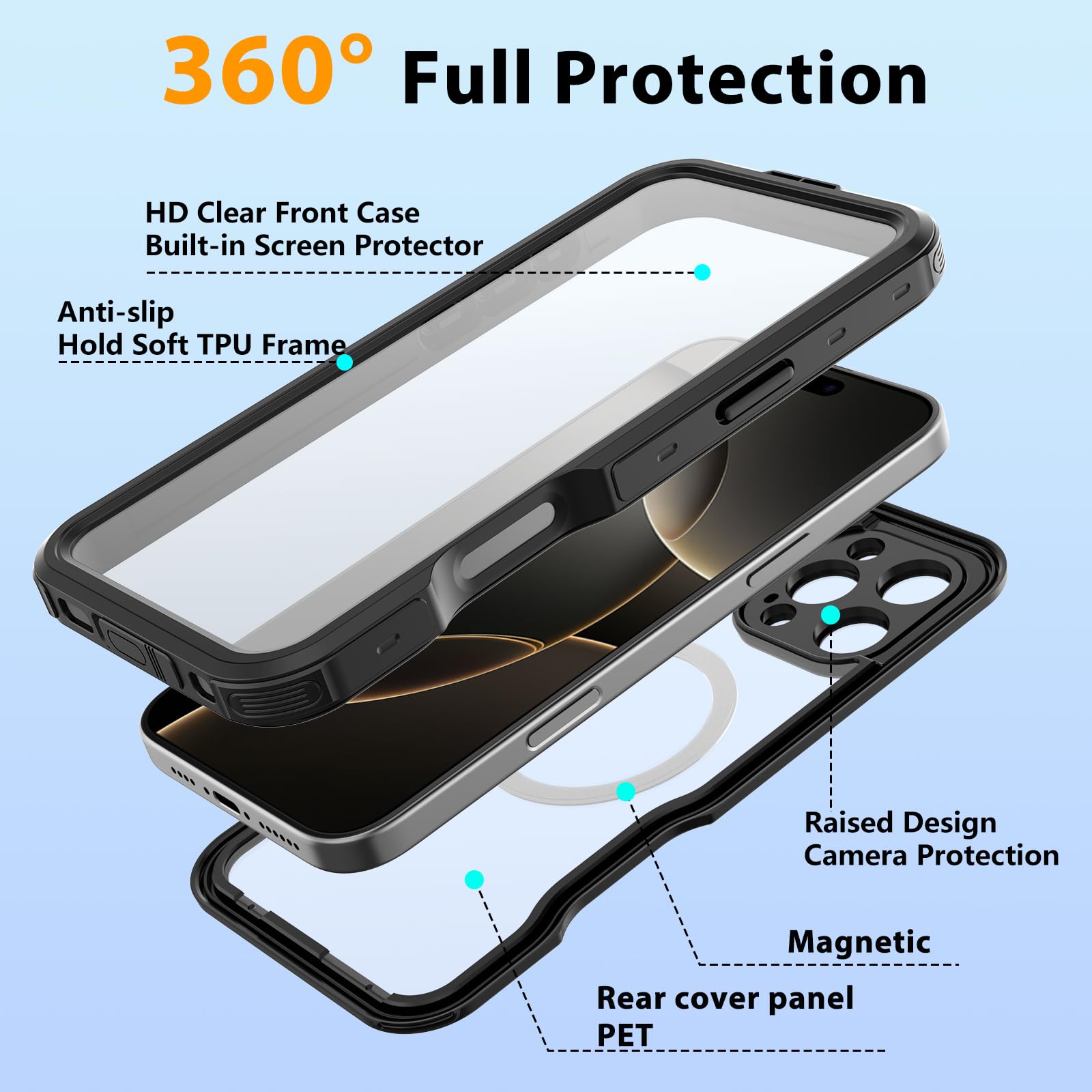 Compatible with iPhone 16 Pro Max Waterproof Case, Shockproof Phone Case with Built in Screen Protector, Full Body Protective Case for iPhone 16 Pro Max 6.9 inch 2024 (Black, 16 Pro Max)