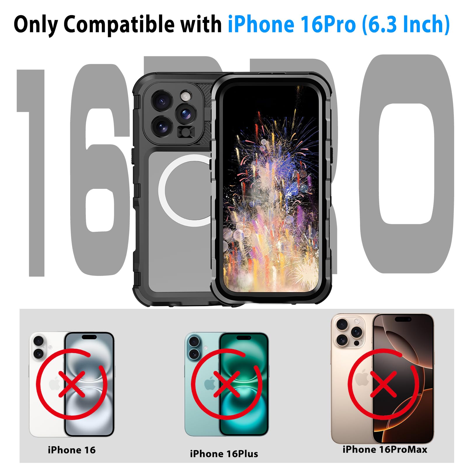 Compatible with iPhone 16 Pro Max Waterproof Case, Shockproof Phone Case with Built in Screen Protector, Full Body Protective Case for iPhone 16 Pro Max 6.9 inch 2024 (Black, 16 Pro Max)