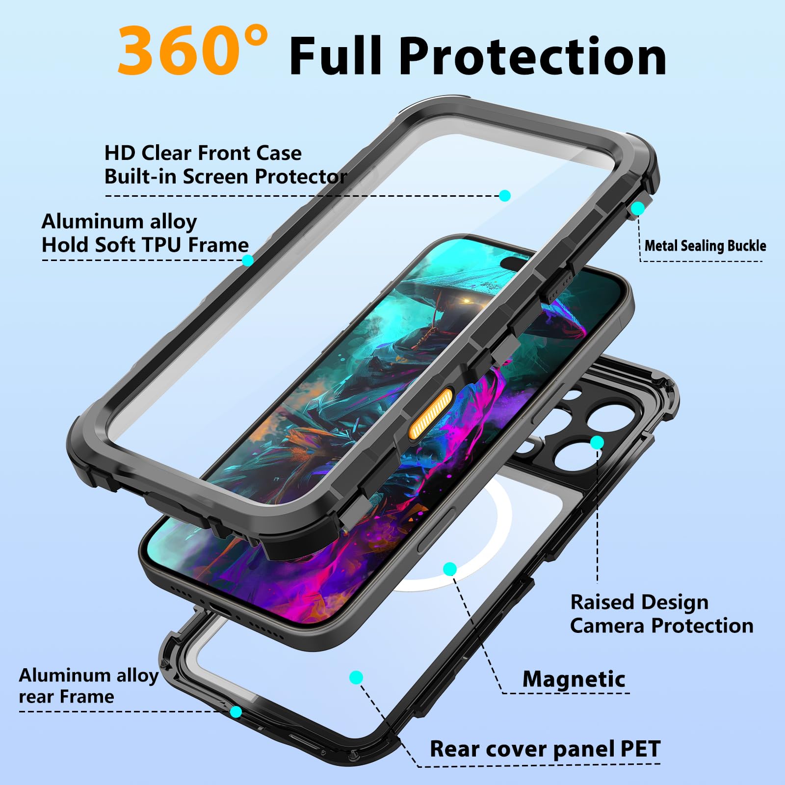 Compatible with iPhone 16 Pro Max Waterproof Case, Shockproof Phone Case with Built in Screen Protector, Full Body Protective Case for iPhone 16 Pro Max 6.9 inch 2024 (Black, 16 Pro Max)