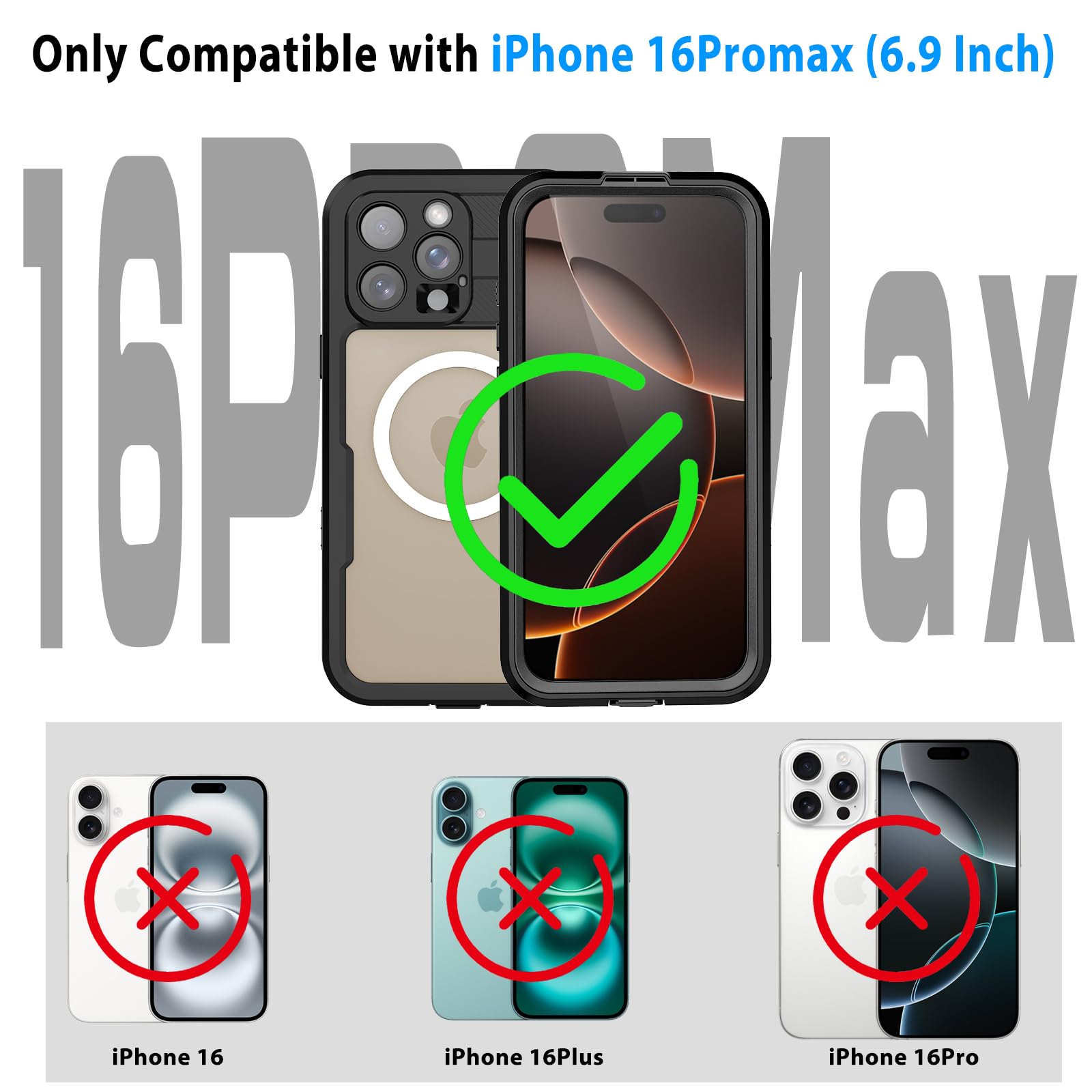 Compatible with iPhone 16 Pro Max Waterproof Case, Shockproof Phone Case with Built in Screen Protector, Full Body Protective Case for iPhone 16 Pro Max 6.9 inch 2024 (Black, 16 Pro Max)