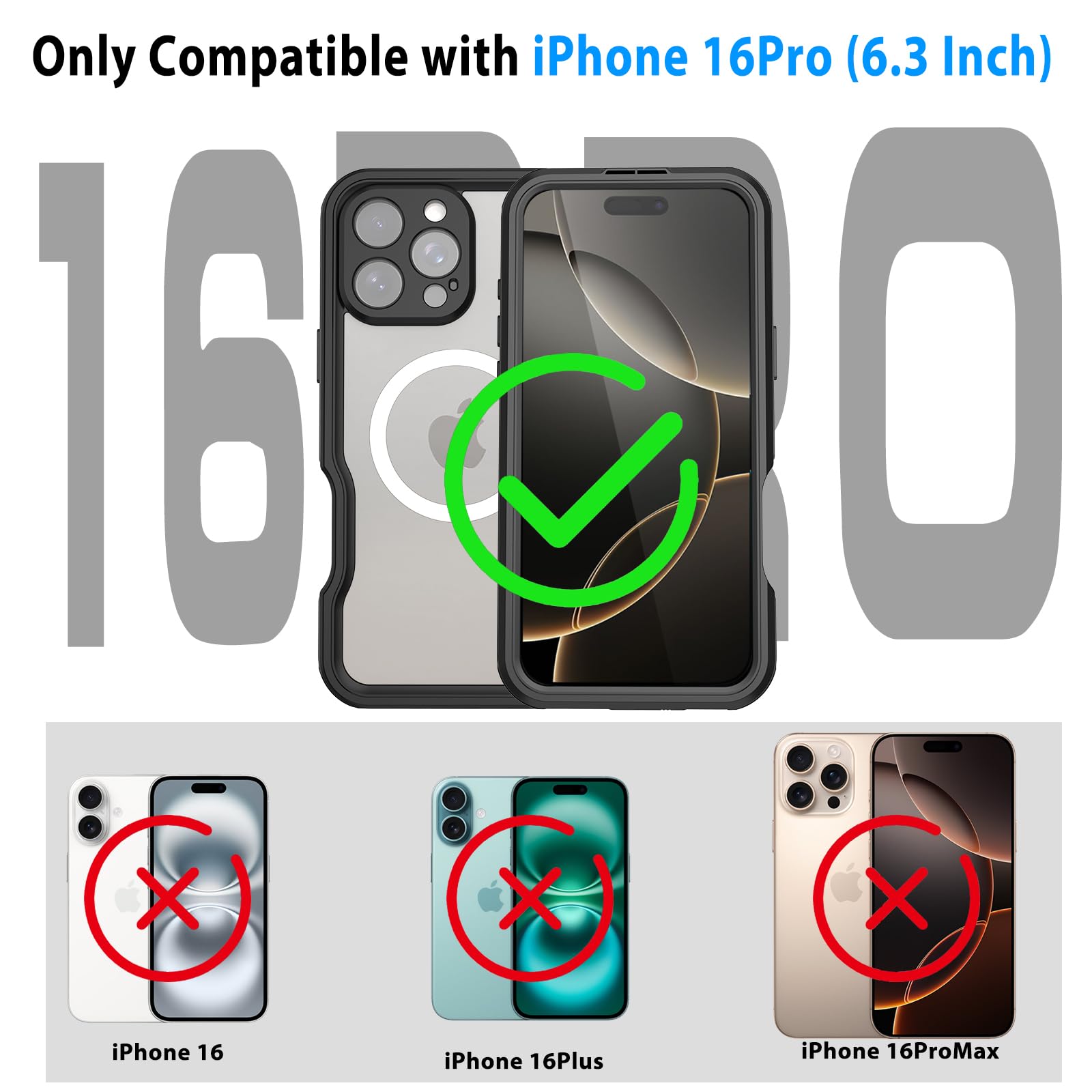 Compatible with iPhone 16 Pro Max Waterproof Case, Shockproof Phone Case with Built in Screen Protector, Full Body Protective Case for iPhone 16 Pro Max 6.9 inch 2024 (Black, 16 Pro Max)