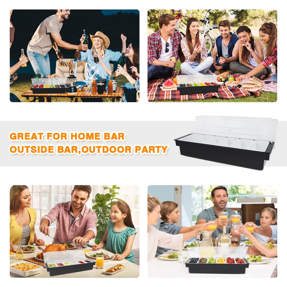 Condiment Garnish Tray Caddy For Bartenders,Bar Garnish Fruit Caddy With Lid,Plastic Condiment Container For Bartending,Outside Parties(4 Compartment)