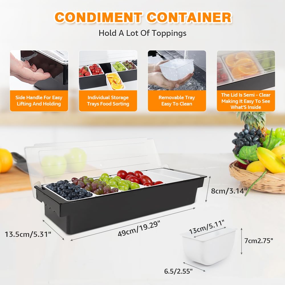 Condiment Garnish Tray Caddy For Bartenders,Bar Garnish Fruit Caddy With Lid,Plastic Condiment Container For Bartending,Outside Parties(4 Compartment)