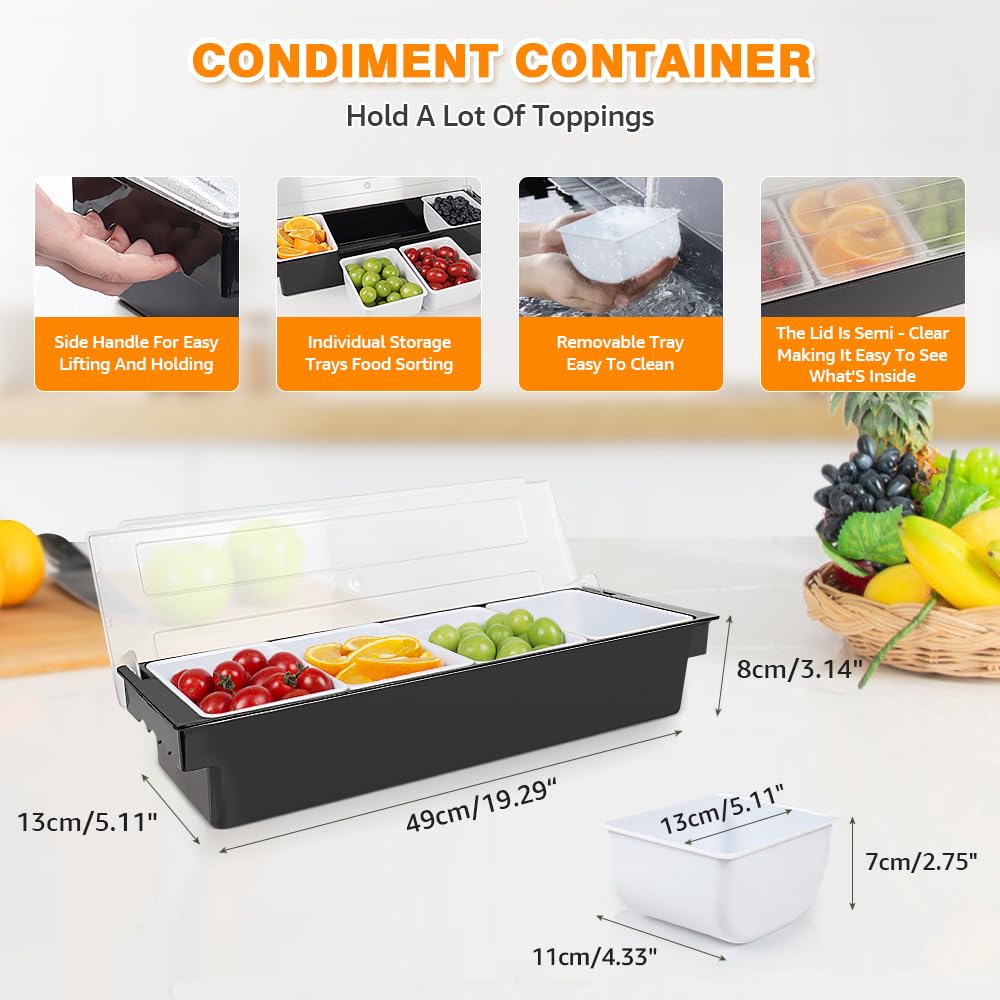 Condiment Garnish Tray Caddy For Bartenders,Bar Garnish Fruit Caddy With Lid,Plastic Condiment Container For Bartending,Outside Parties(4 Compartment)