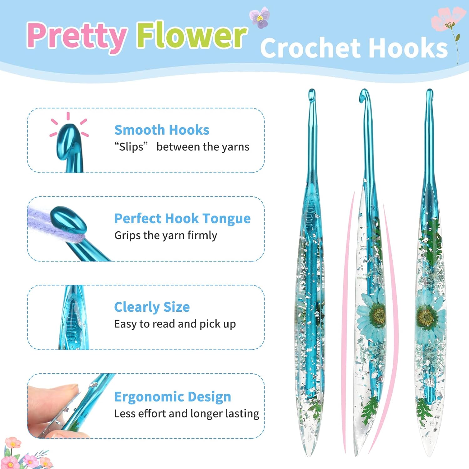 Coopay Crochet Hooks, 5mm Ergonomic Crochet Hook with Floral Plastic Grips, Stylish and Unique, Ideal for Crocheting Blankets, Dolls, Shawls, Hats, Scarves (H-5.0mm)