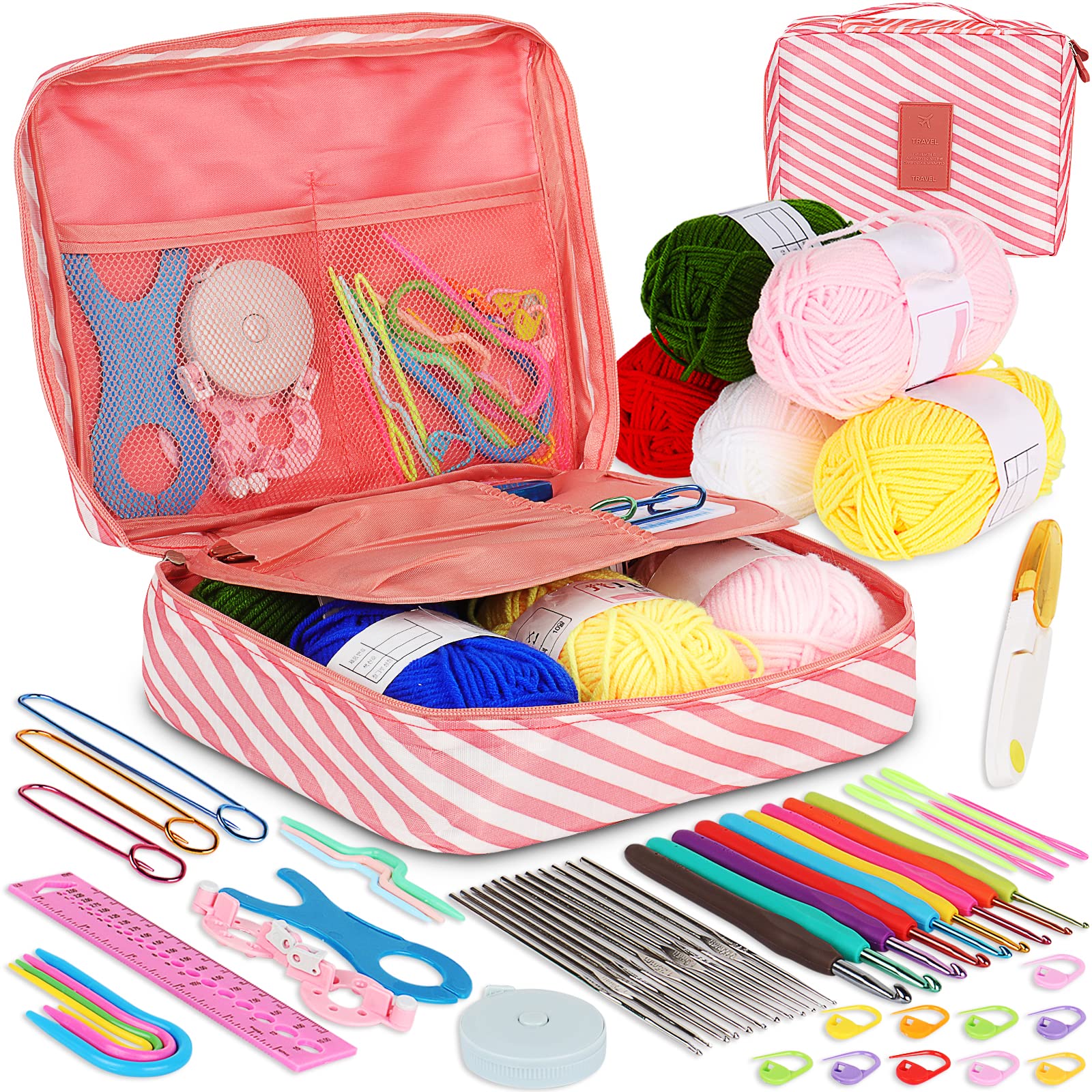 Coopay Crochet Kit Beginners Crochet Hook Set with Crochet Yarn,58PCS Portable Crochet Set Ergonomic Crochet Hooks Travel Knitting Crochet Supplies