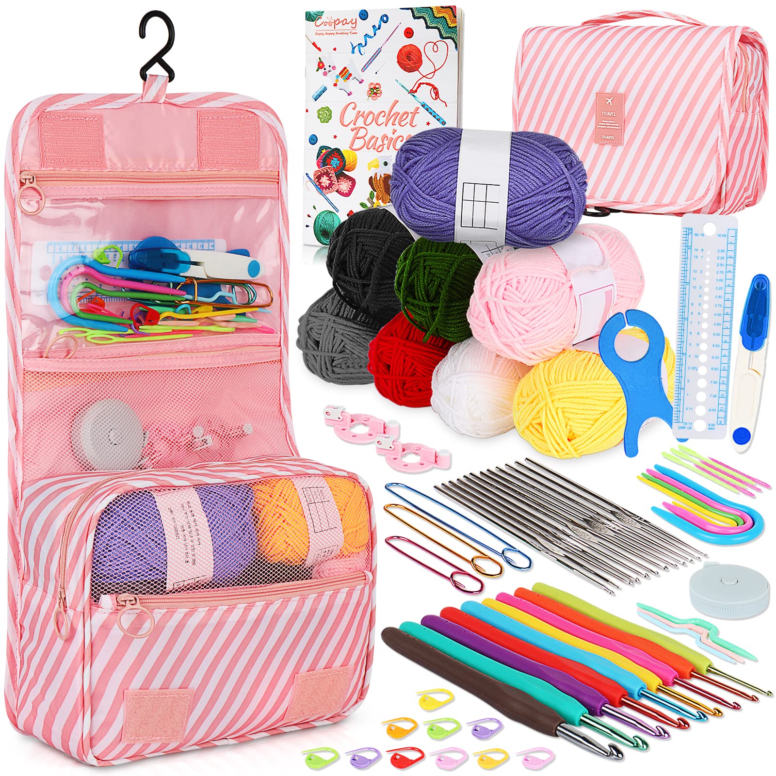 Coopay Crochet Kit Beginners Crochet Hook Set with Crochet Yarn,58PCS Portable Crochet Set Ergonomic Crochet Hooks Travel Knitting Crochet Supplies