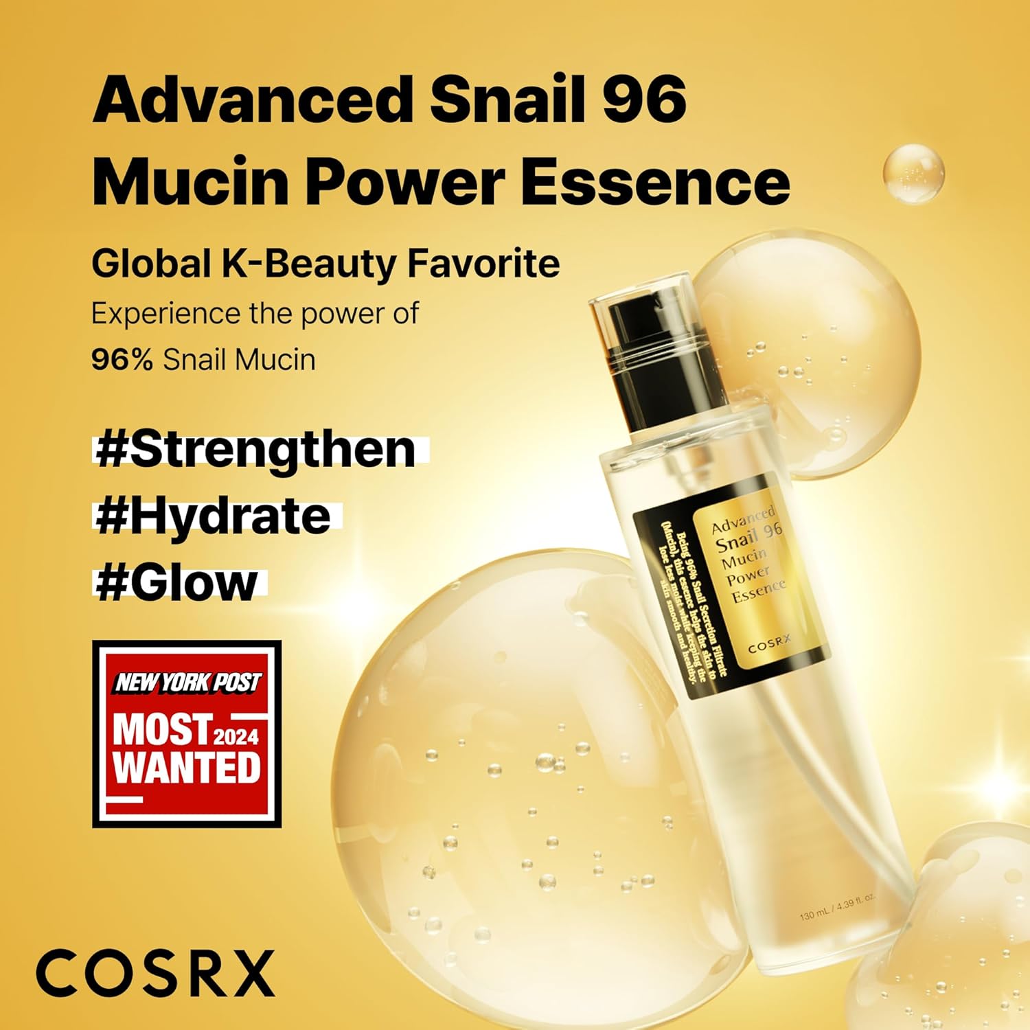 COSRX Snail Mucin 96% Power Repairing Essence 3.38 fl.oz 100ml, Hydrating Serum for Face with Snail Secretion Filtrate for Dull Skin & Fine Lines, Korean Skin Care