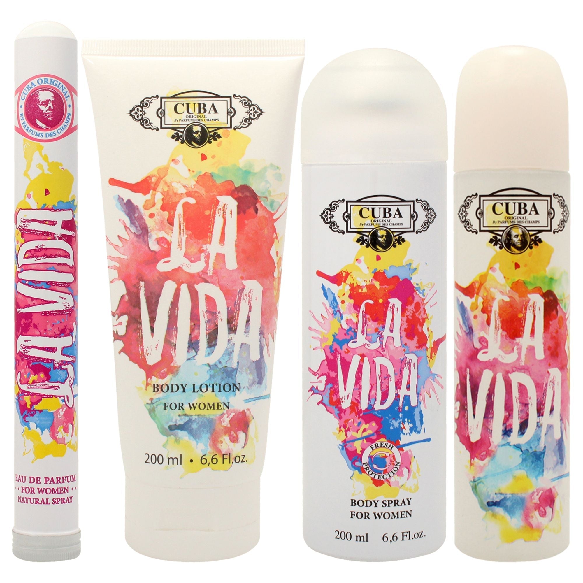 Cuba La Vida by Cuba for Women - 4 Pc Gift Set 3.3oz EDP Spray, 1.17oz EDP Spray, 6.6oz Body Spray, 6.6oz Body Lotion