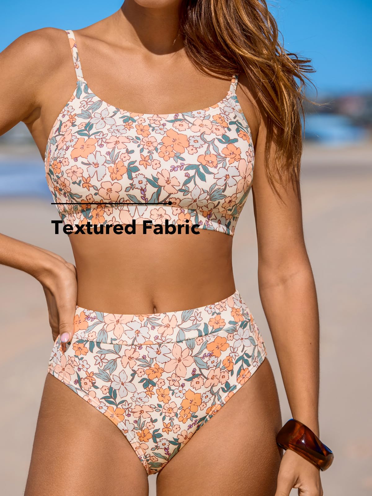 CUPSHE Women's Bikini Set Two Piece Swimsuits High Waisted Scoop Neck Spaghetti Adjustable Straps Textured