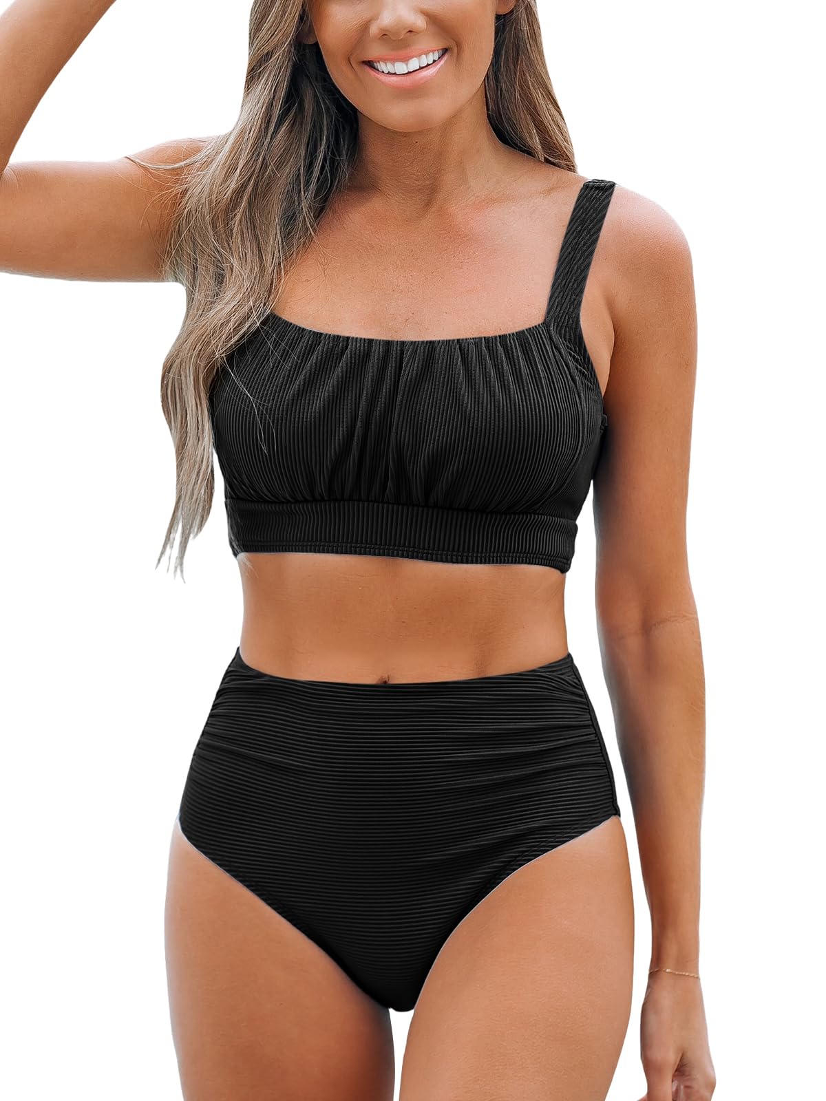 CUPSHE Women's Bikini Sets Two Piece Bathing Suit High Waisted Square Neck Adjustable Straps Ruched