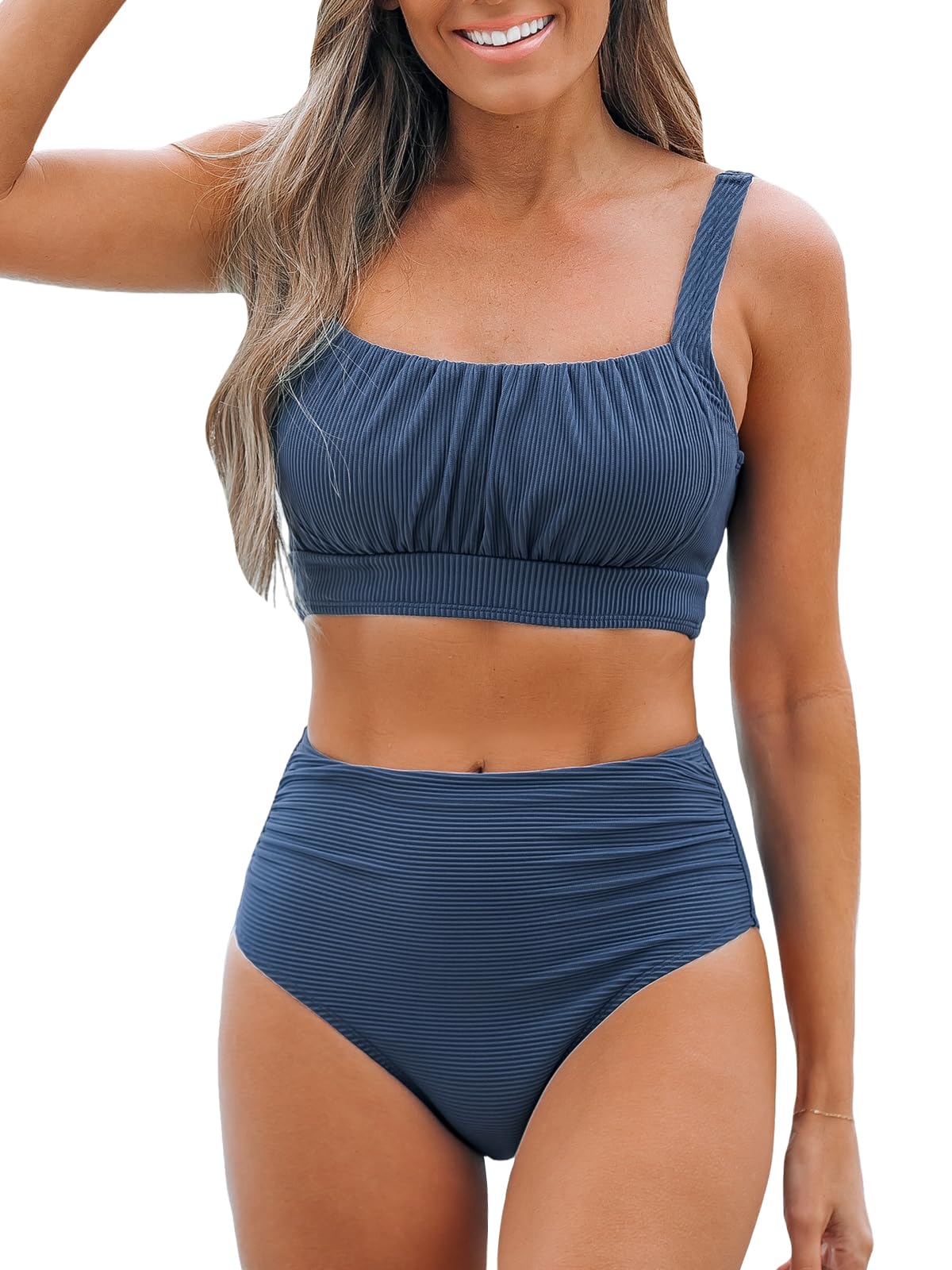 CUPSHE Women's Bikini Sets Two Piece Bathing Suit High Waisted Square Neck Adjustable Straps Ruched