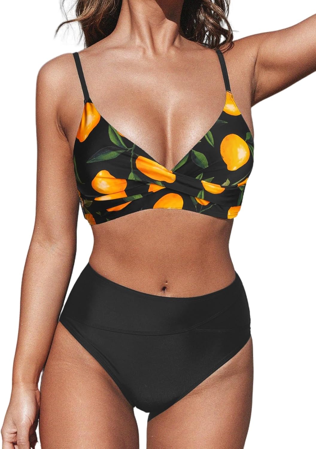 CUPSHE Women's Bikini Sets Two Piece Swimsuit High Waisted V Neck Twist Front Adjustable Spaghetti Straps Bathing Suit