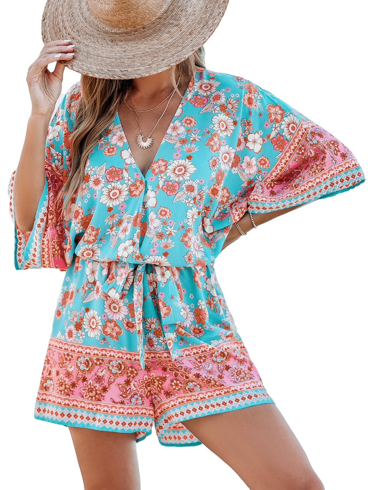 CUPSHE Women's Lace Up Leopard Print Romper Short Sleeves Jumpsuits Wide leg Outfit