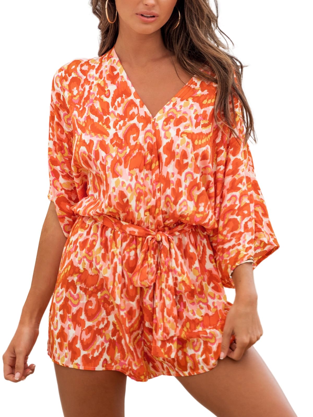 CUPSHE Women's Lace Up Leopard Print Romper Short Sleeves Jumpsuits Wide leg Outfit