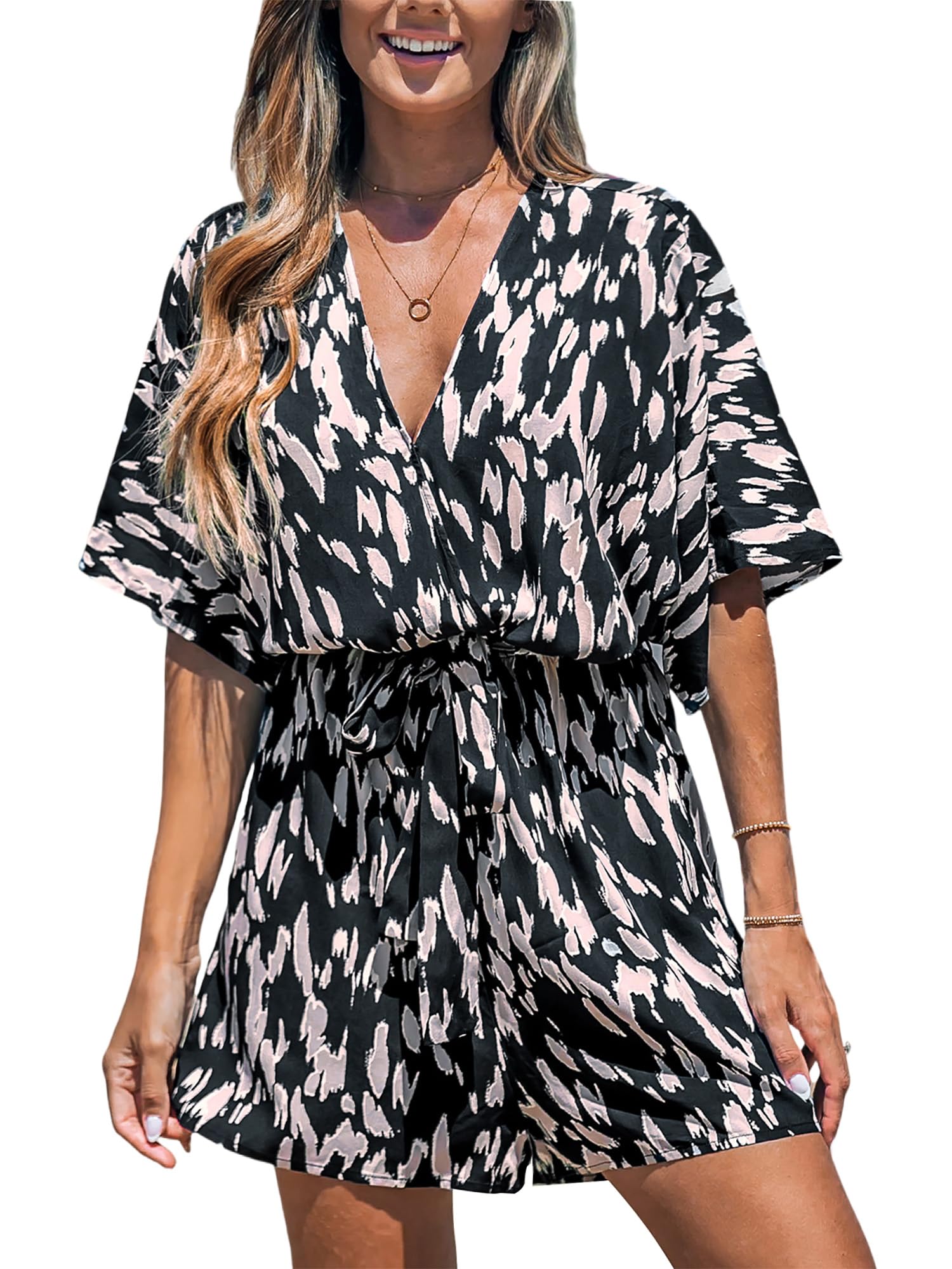 CUPSHE Women's Lace Up Leopard Print Romper Short Sleeves Jumpsuits Wide leg Outfit