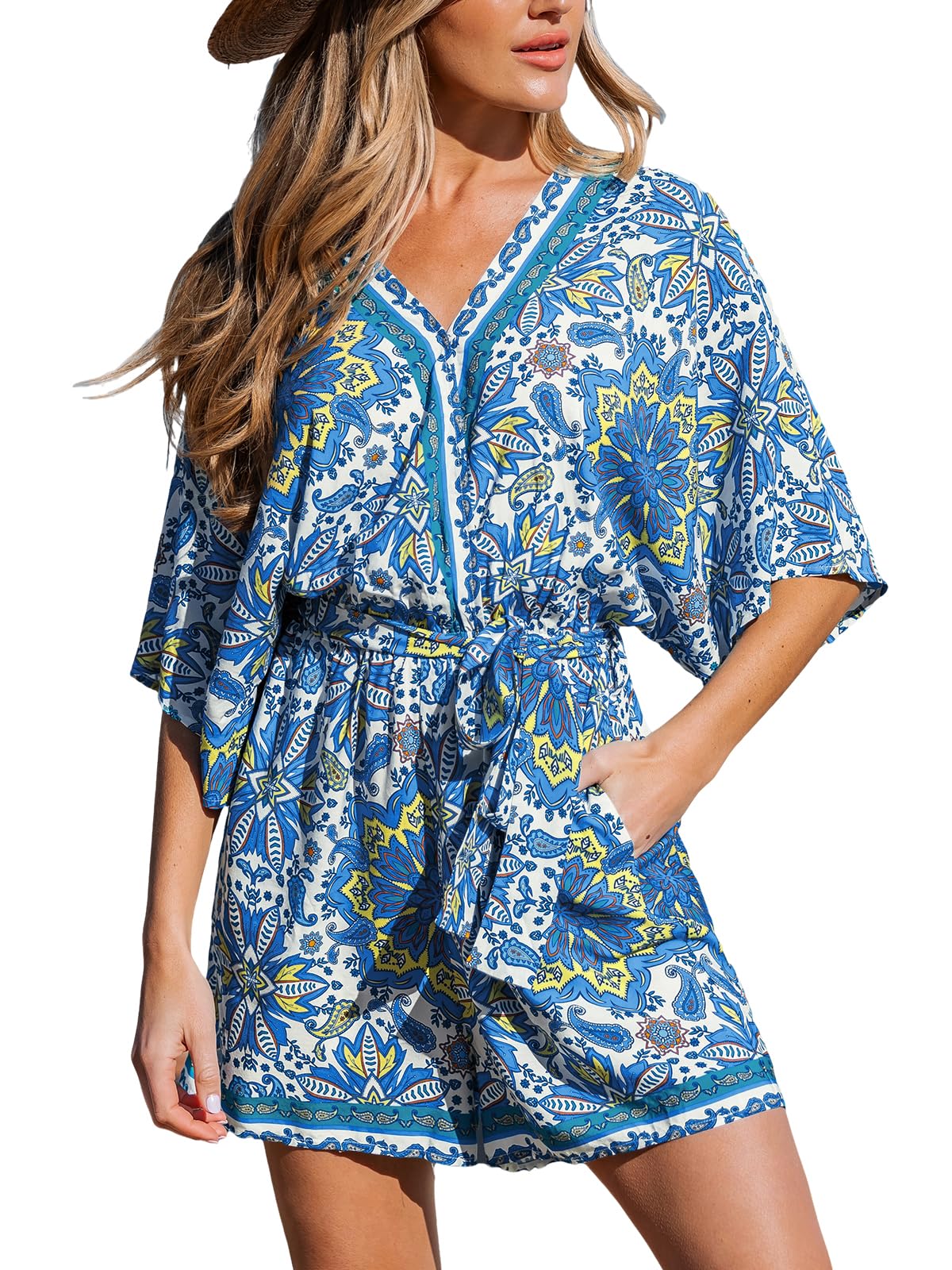 CUPSHE Women's Lace Up Leopard Print Romper Short Sleeves Jumpsuits Wide leg Outfit