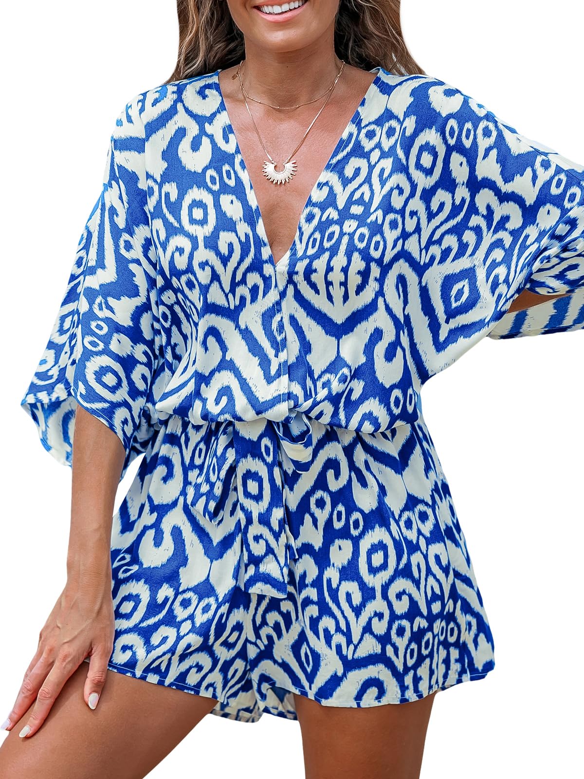 CUPSHE Women's Lace Up Leopard Print Romper Short Sleeves Jumpsuits Wide leg Outfit