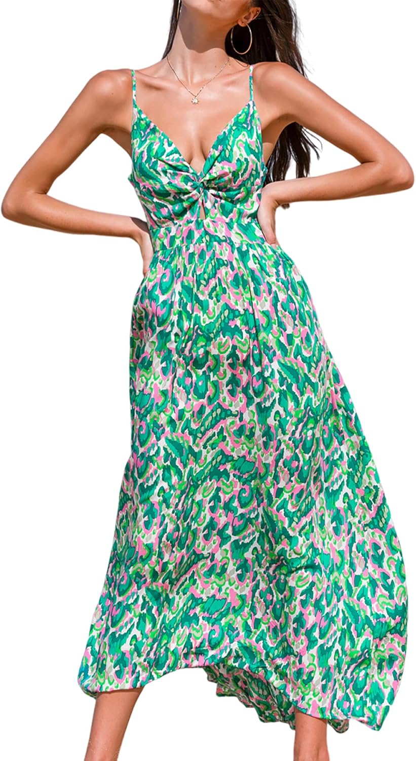 CUPSHE Women's Maxi Dress Floral Print Twisted V Neck Sleeveless Long Dress Summer Casual Dress