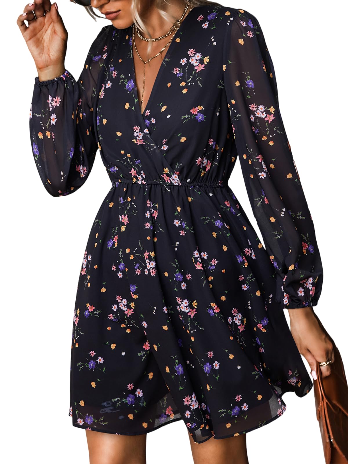 CUPSHE Women's Mini Dresses Casual Spring V Neck Chiffon Long Peasant Sleeves Flowy Summer Dress