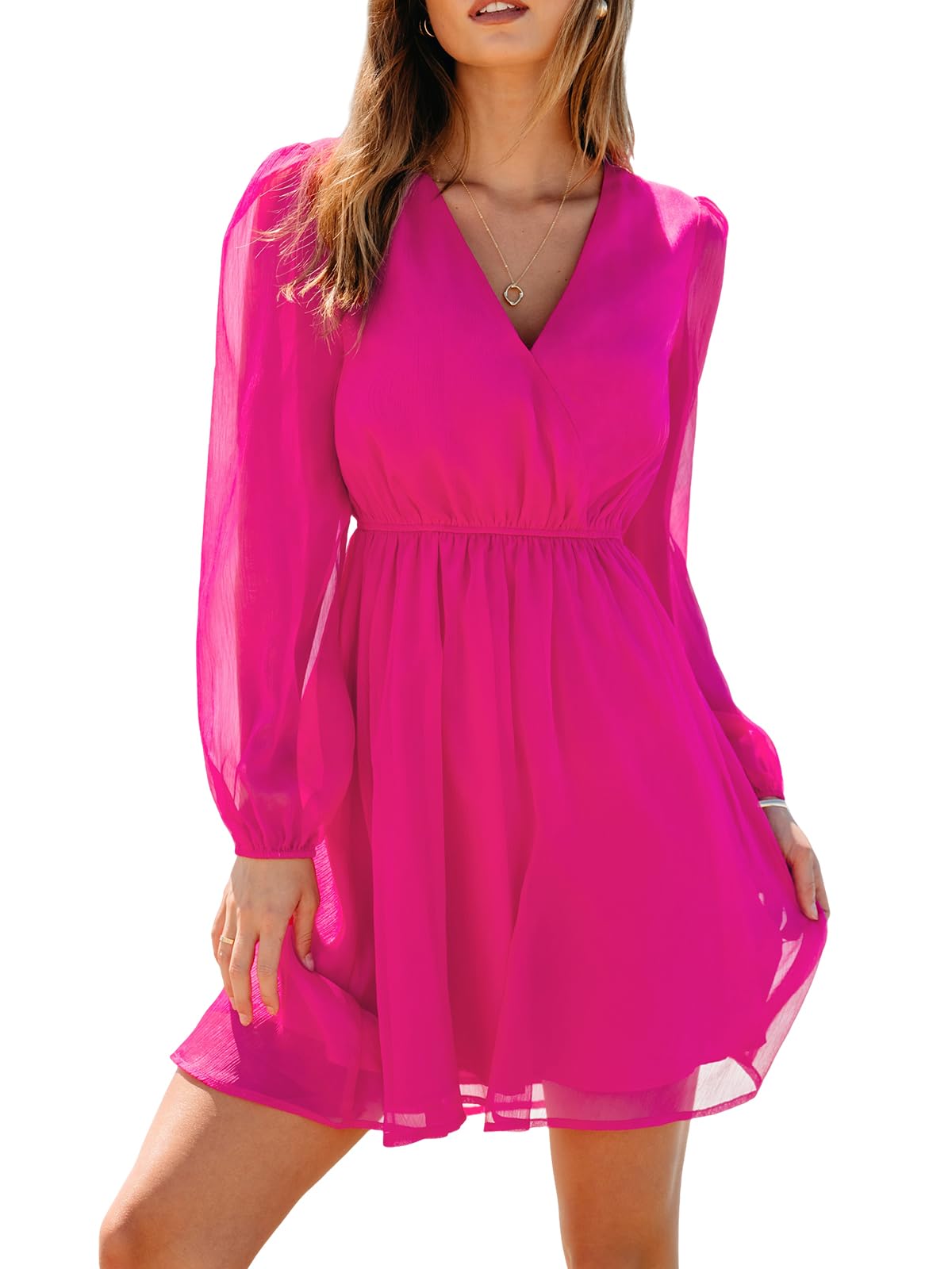 CUPSHE Women's Mini Dresses Casual Spring V Neck Chiffon Long Peasant Sleeves Flowy Summer Dress