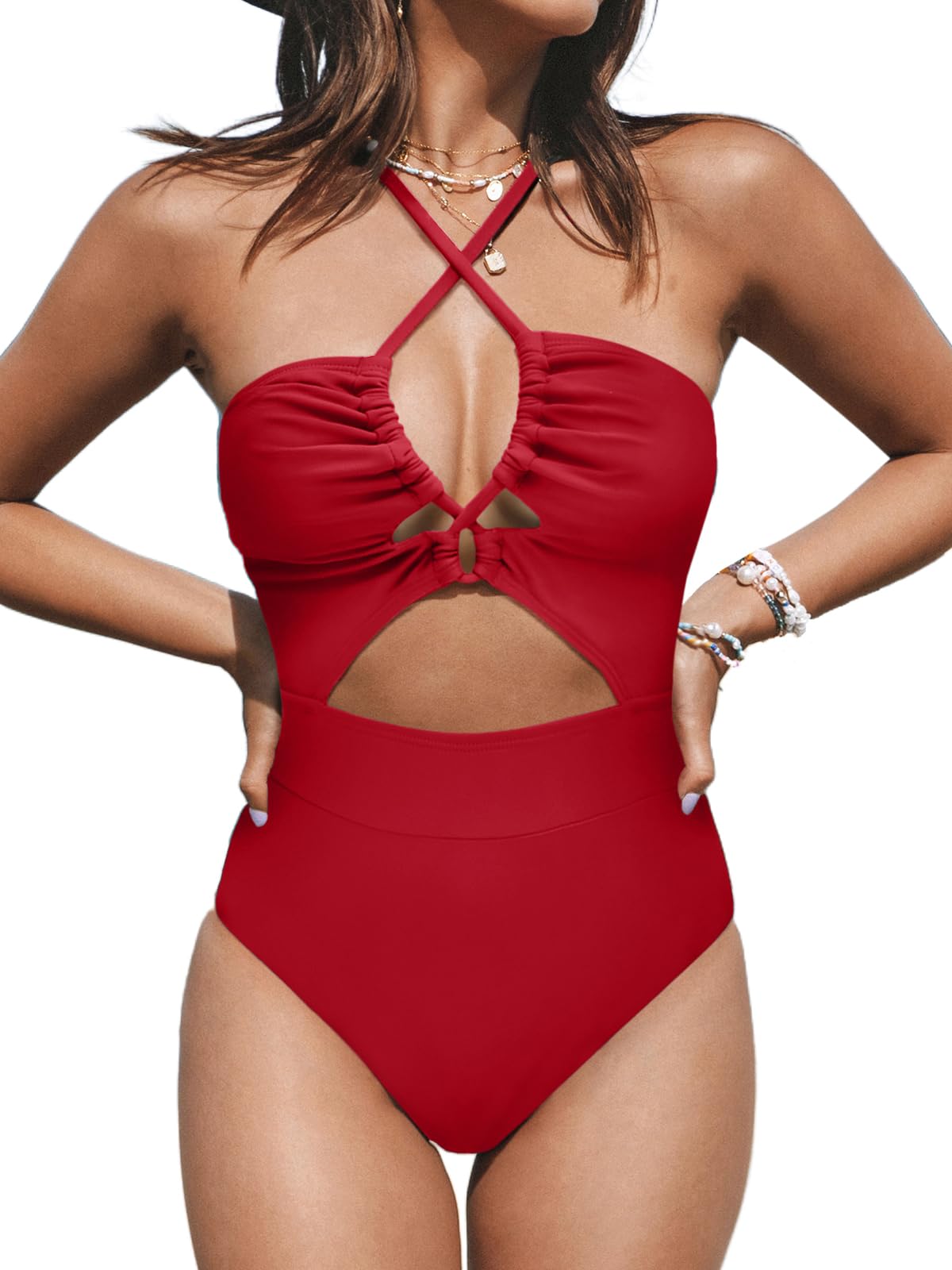 CUPSHE Women's One Piece Swimsuit Plunge Neckline Cutout Criss Cross Bathing Suit