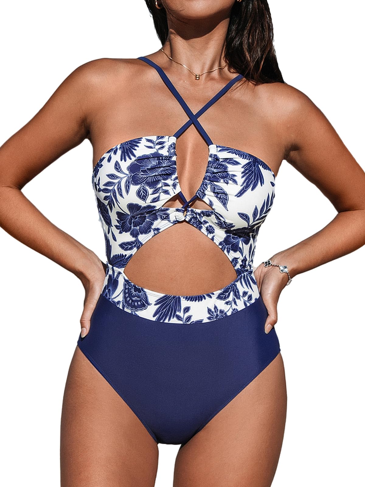 CUPSHE Women's One Piece Swimsuit Plunge Neckline Cutout Criss Cross Bathing Suit