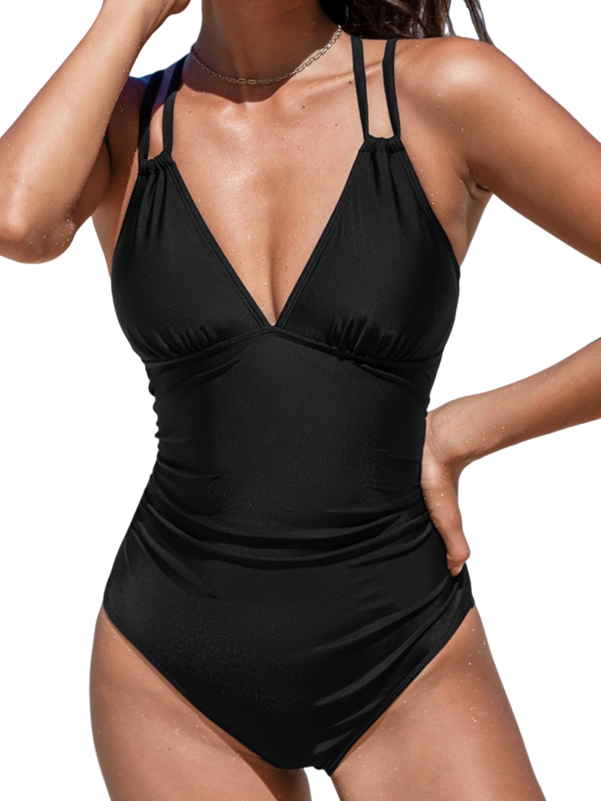 CUPSHE Women's One Piece Swimsuit V Neck Tummy Control Double Adjustable Straps Back Cutout O-Ring