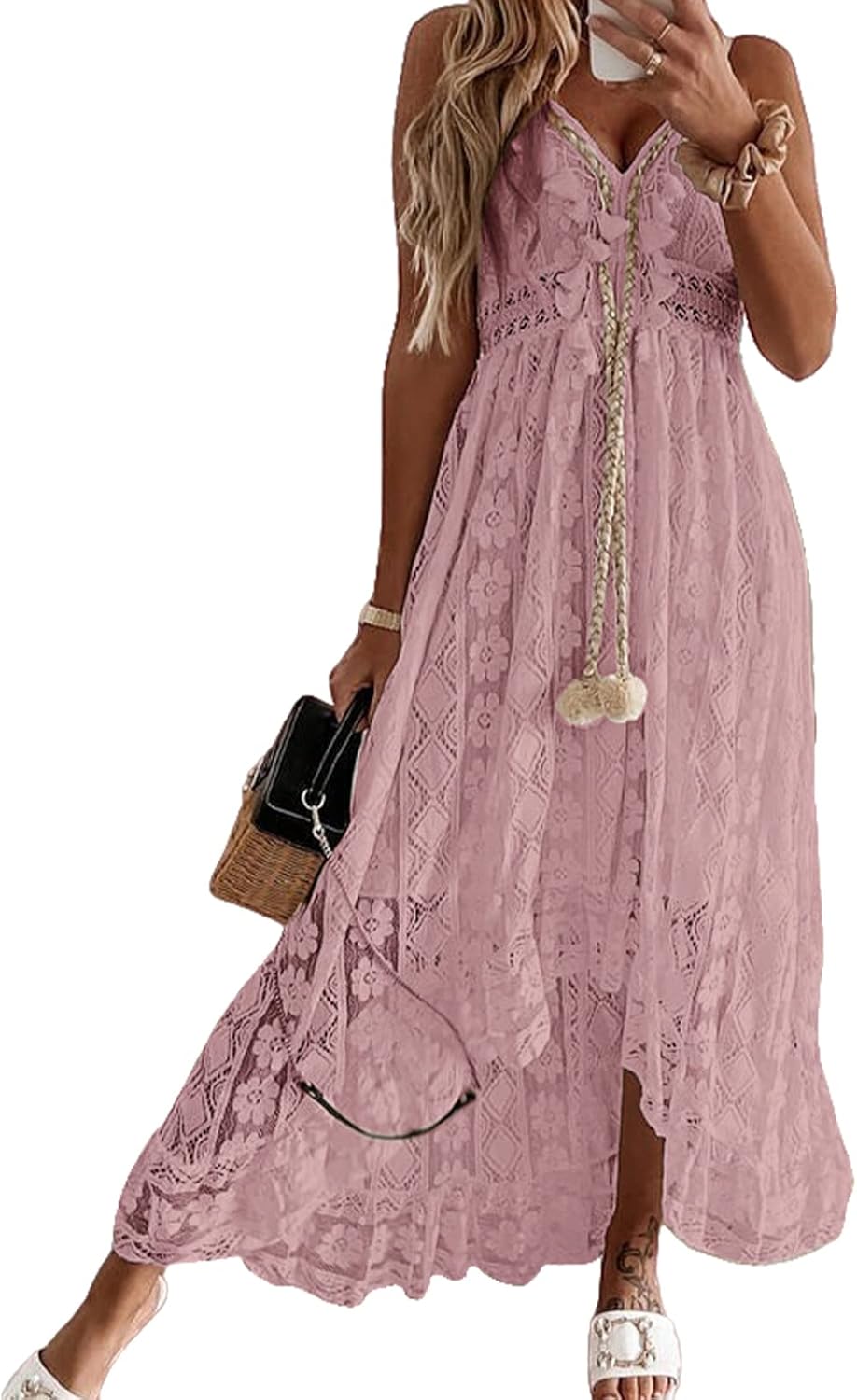 CUPSHE Women's Summer Dresses Sleeveless Lace Casual Tassel Beach Spaghetti Straps Flowy Maxi Sun Dress