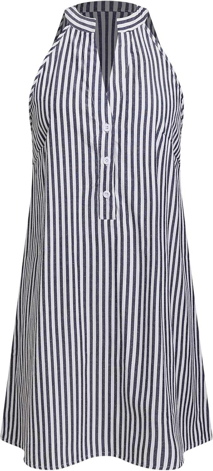 CUPSHE Womens Summer Dresses V Neck Sleeveless Striped Button Up Mini Casual Coverup Dress