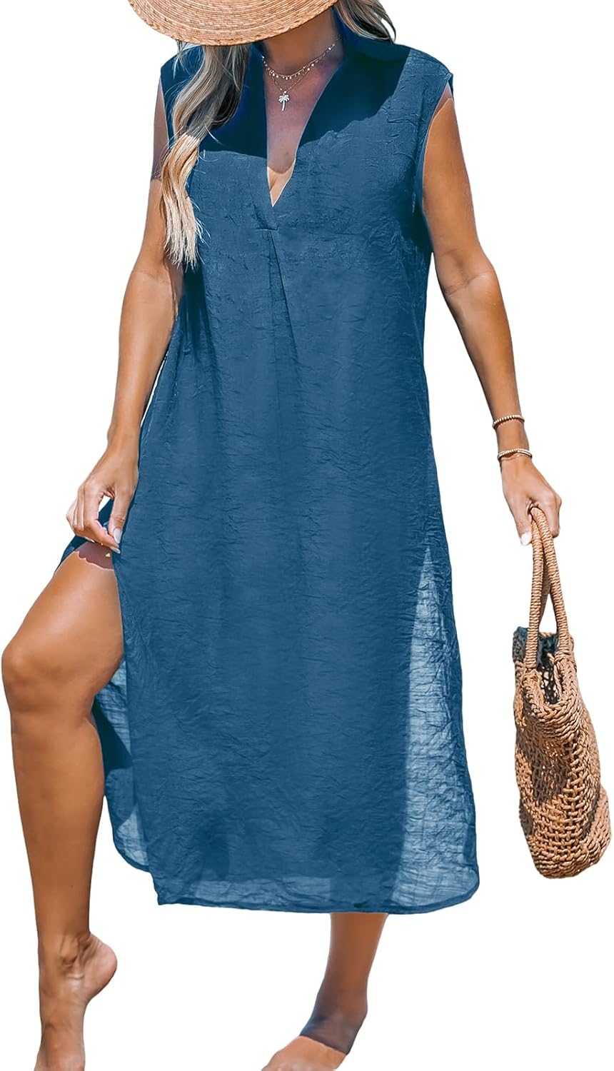 CUPSHE Women's Swimsuit Coverup Casual Sleeveless Side Split Long Cardigans V Neck Midi Beach Dress