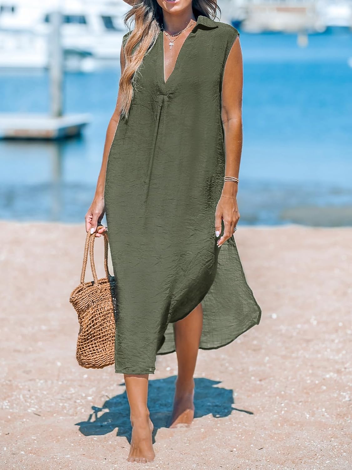 CUPSHE Women's Swimsuit Coverup Casual Sleeveless Side Split Long Cardigans V Neck Midi Beach Dress