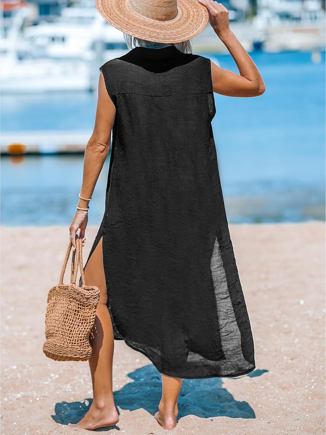 CUPSHE Women's Swimsuit Coverup Casual Sleeveless Side Split Long Cardigans V Neck Midi Beach Dress