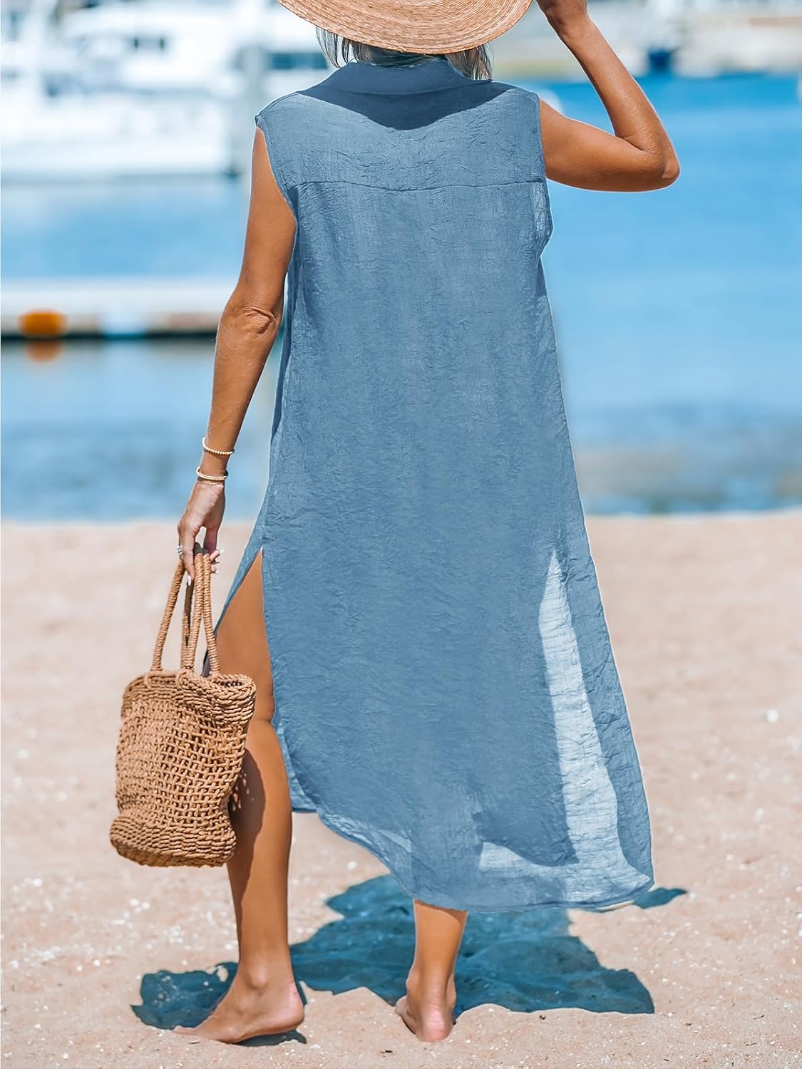 CUPSHE Women's Swimsuit Coverup Casual Sleeveless Side Split Long Cardigans V Neck Midi Beach Dress