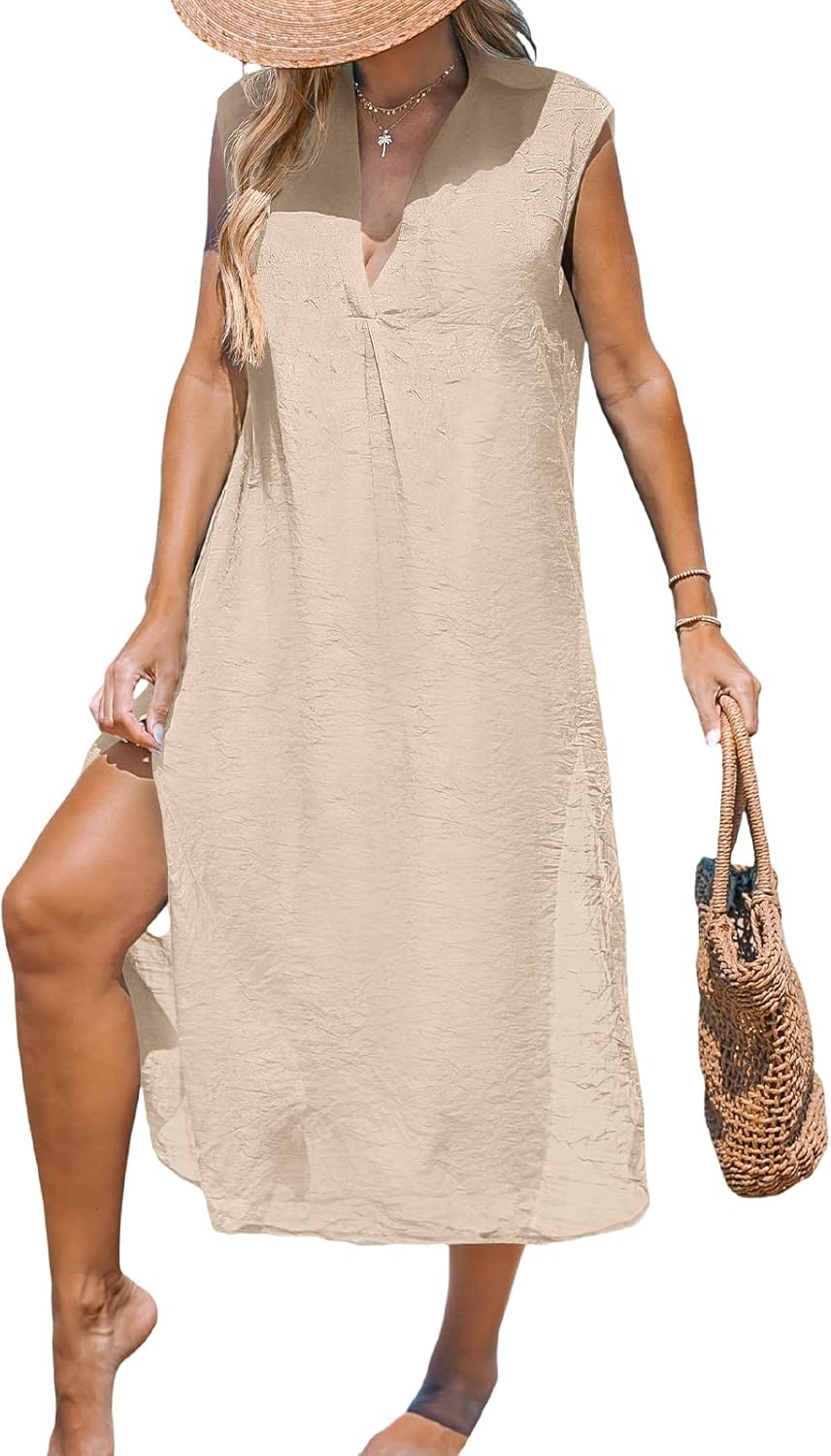 CUPSHE Women's Swimsuit Coverup Casual Sleeveless Side Split Long Cardigans V Neck Midi Beach Dress