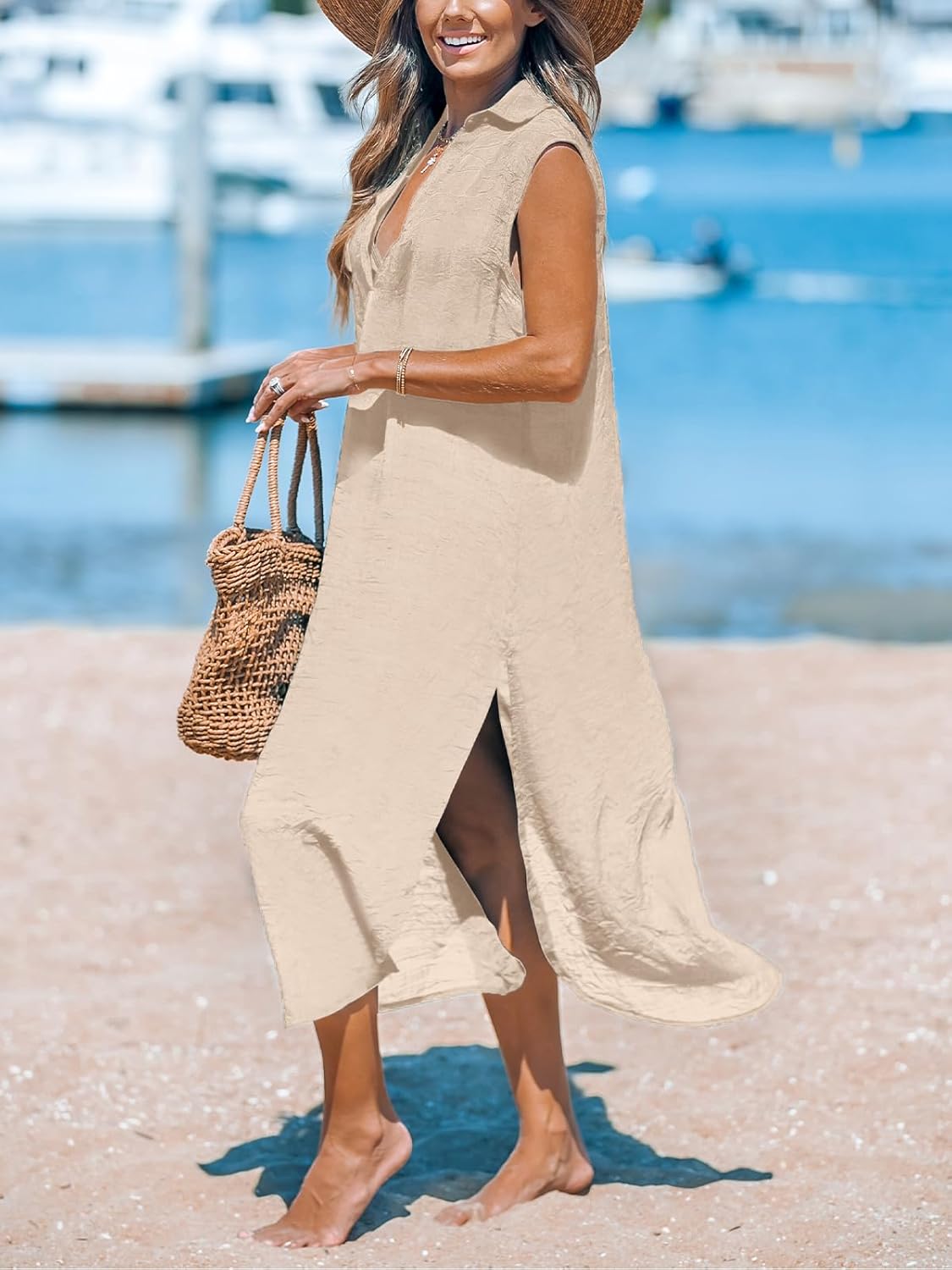 CUPSHE Women's Swimsuit Coverup Casual Sleeveless Side Split Long Cardigans V Neck Midi Beach Dress