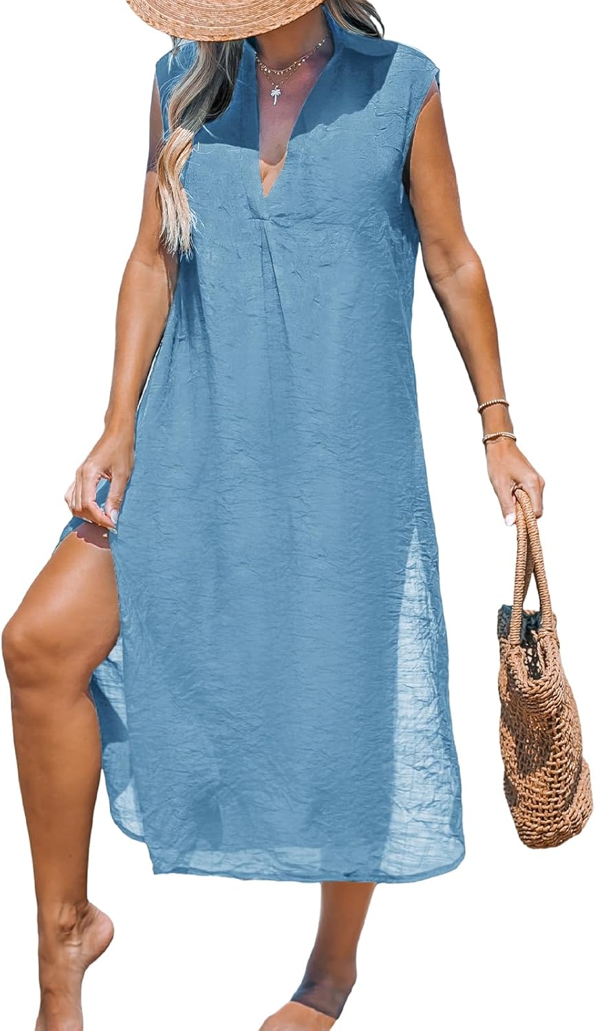 CUPSHE Women's Swimsuit Coverup Casual Sleeveless Side Split Long Cardigans V Neck Midi Beach Dress