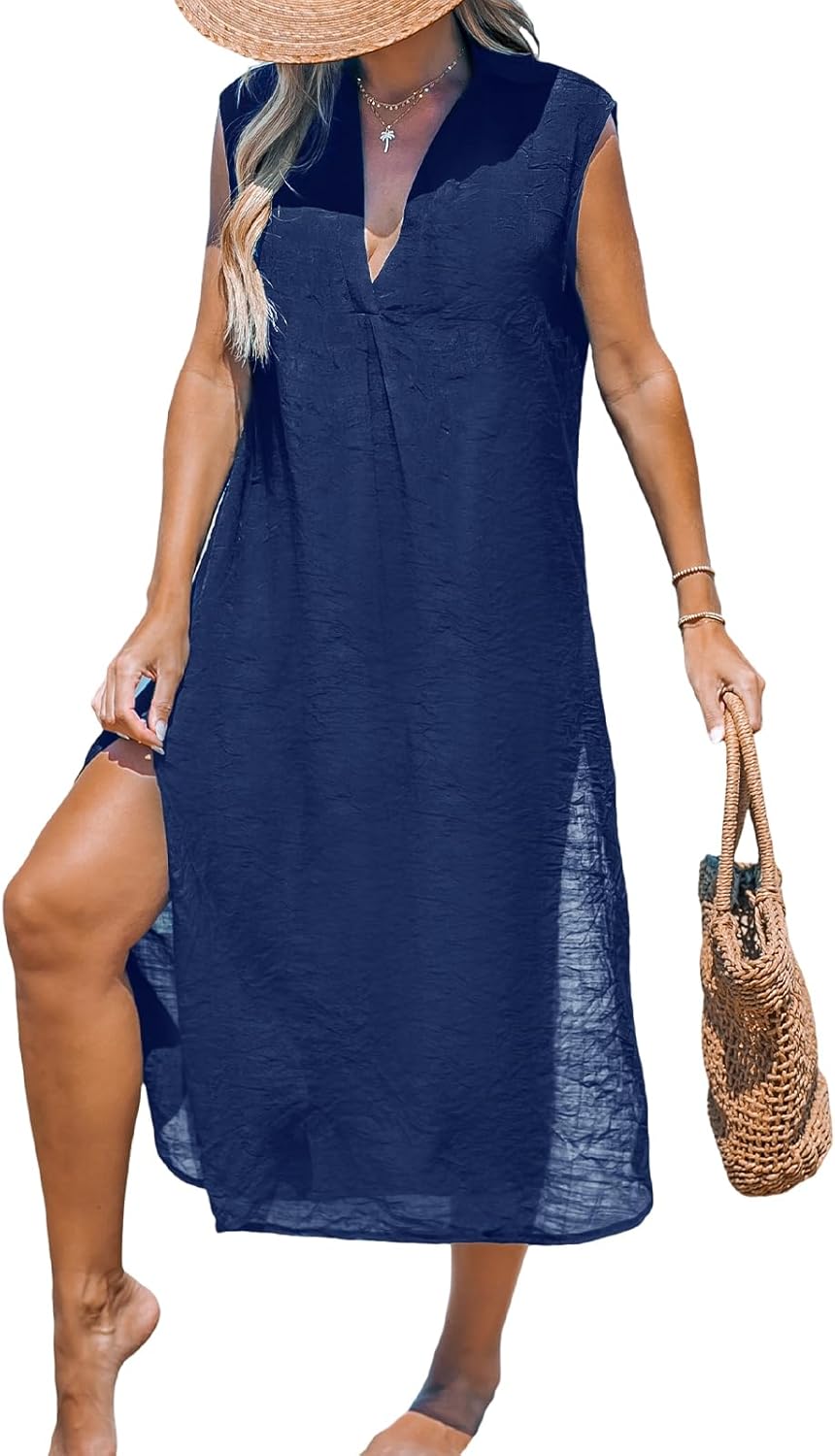 CUPSHE Women's Swimsuit Coverup Casual Sleeveless Side Split Long Cardigans V Neck Midi Beach Dress