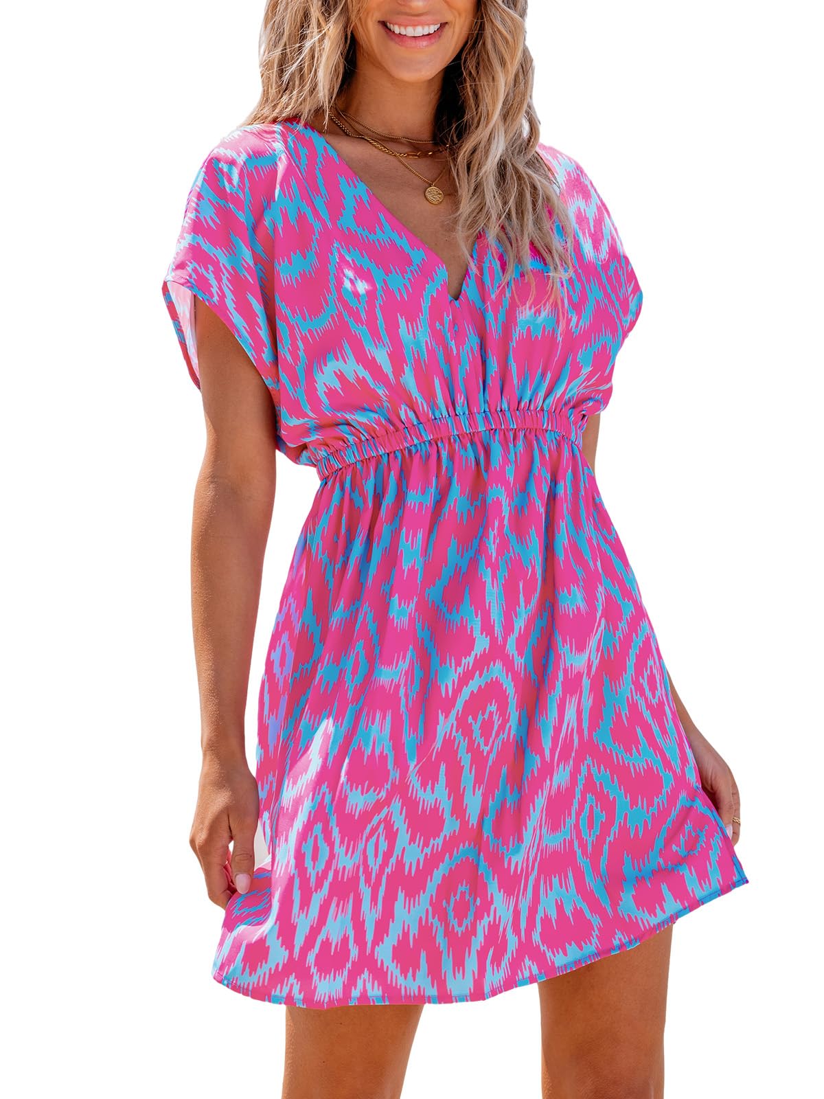 CUPSHE Women's Swimsuit Coverup Casual V Neck Beach Dress Short Sleeve Elastic Waist Swimwear Cover Ups 2025 Beachwear