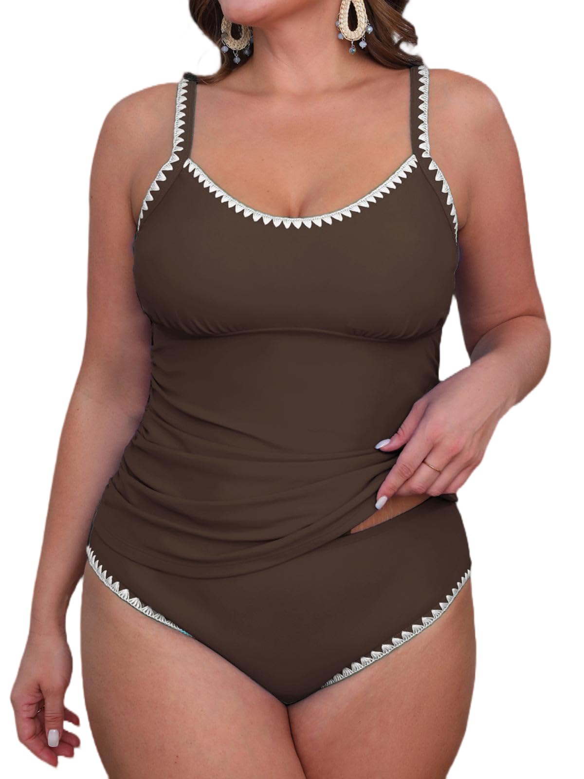 CUPSHE Women's Tankini Sets Two Piece Swimsuit Scoop Neck Mid Rise Adjustable Straps Shell Stitched (XS-4XL)